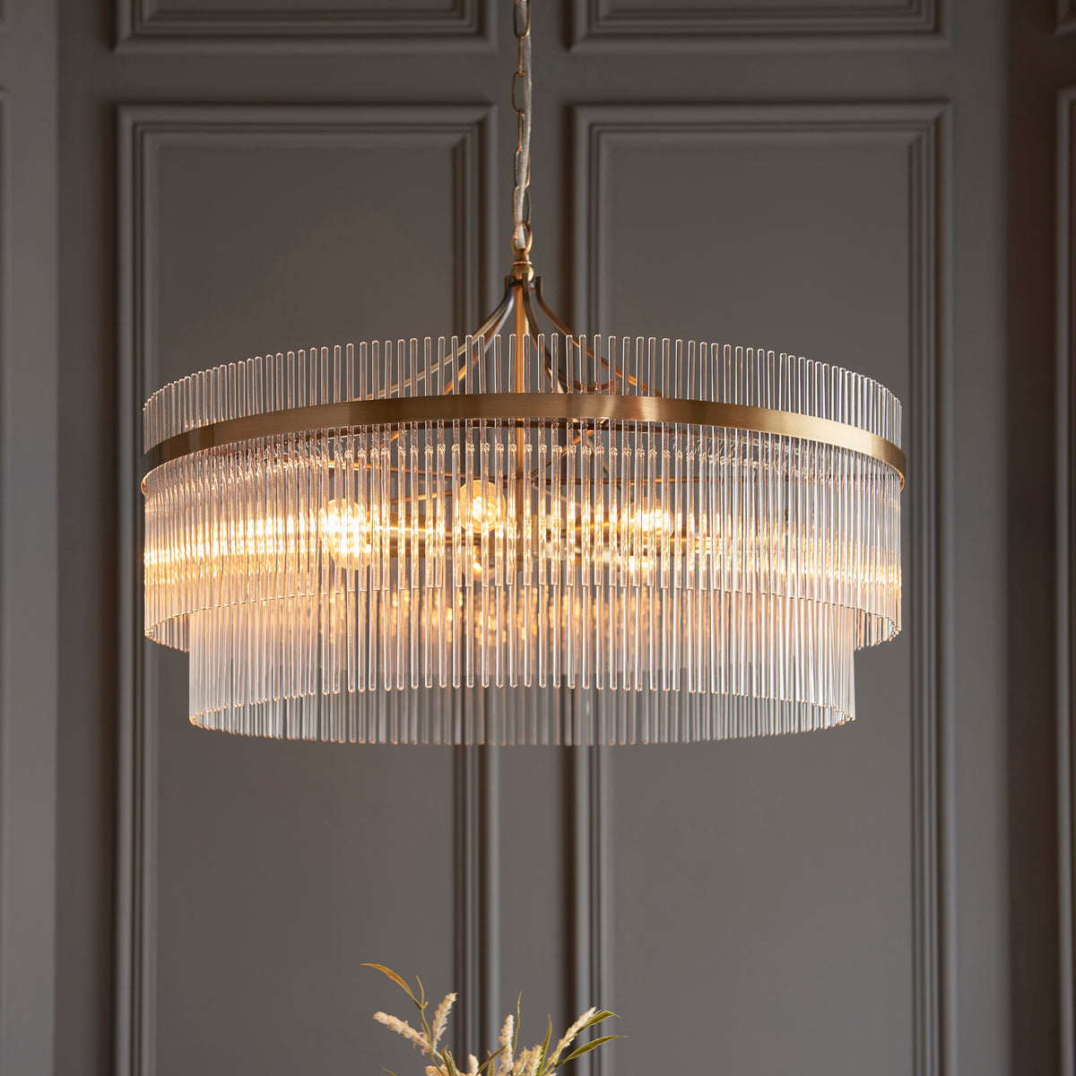 Close-up revealing the clear glass rods and delicate light-diffusing design