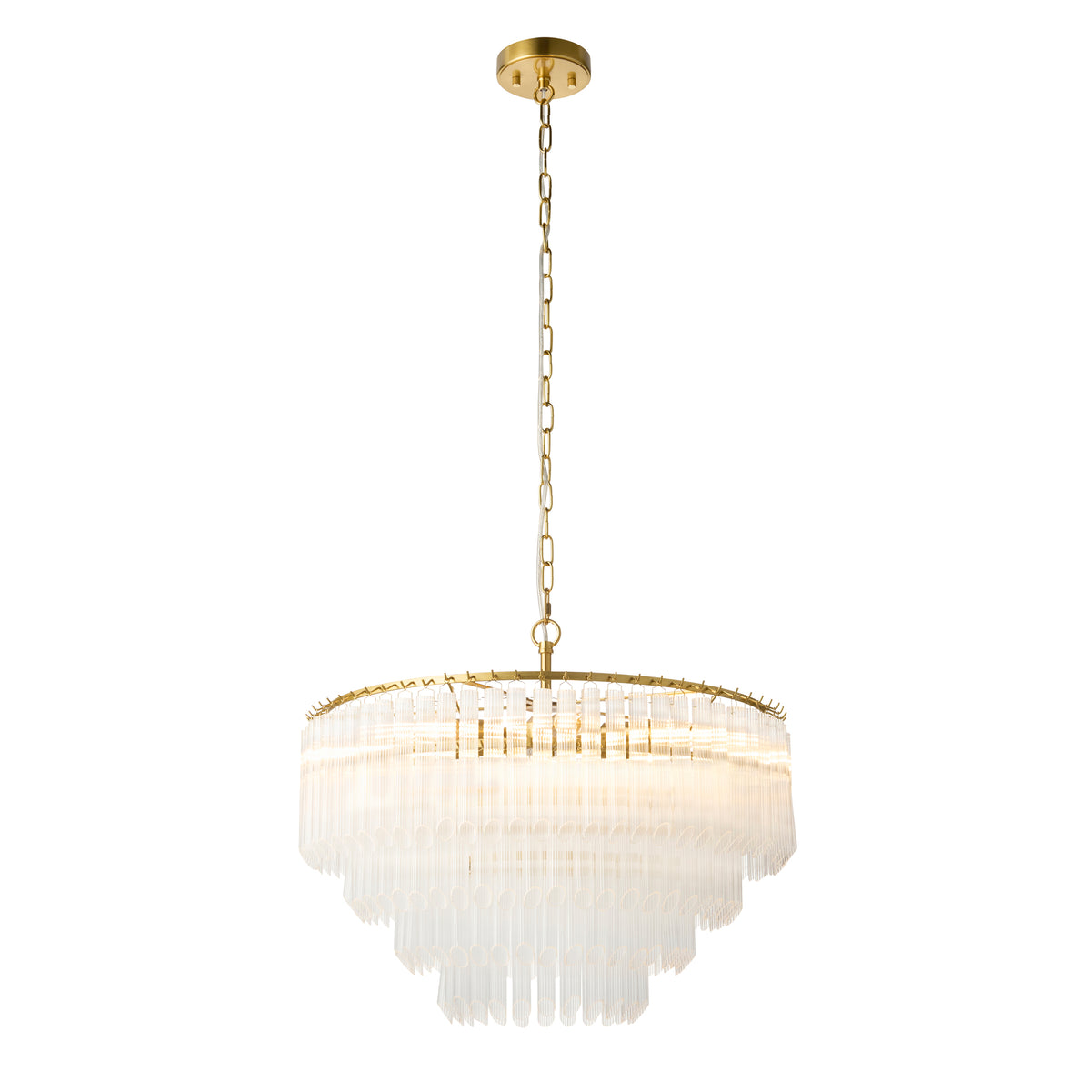 Montpellier 6Lt Pendant showcasing its luxurious brushed aged brass finish and tiered ribbed clear glass