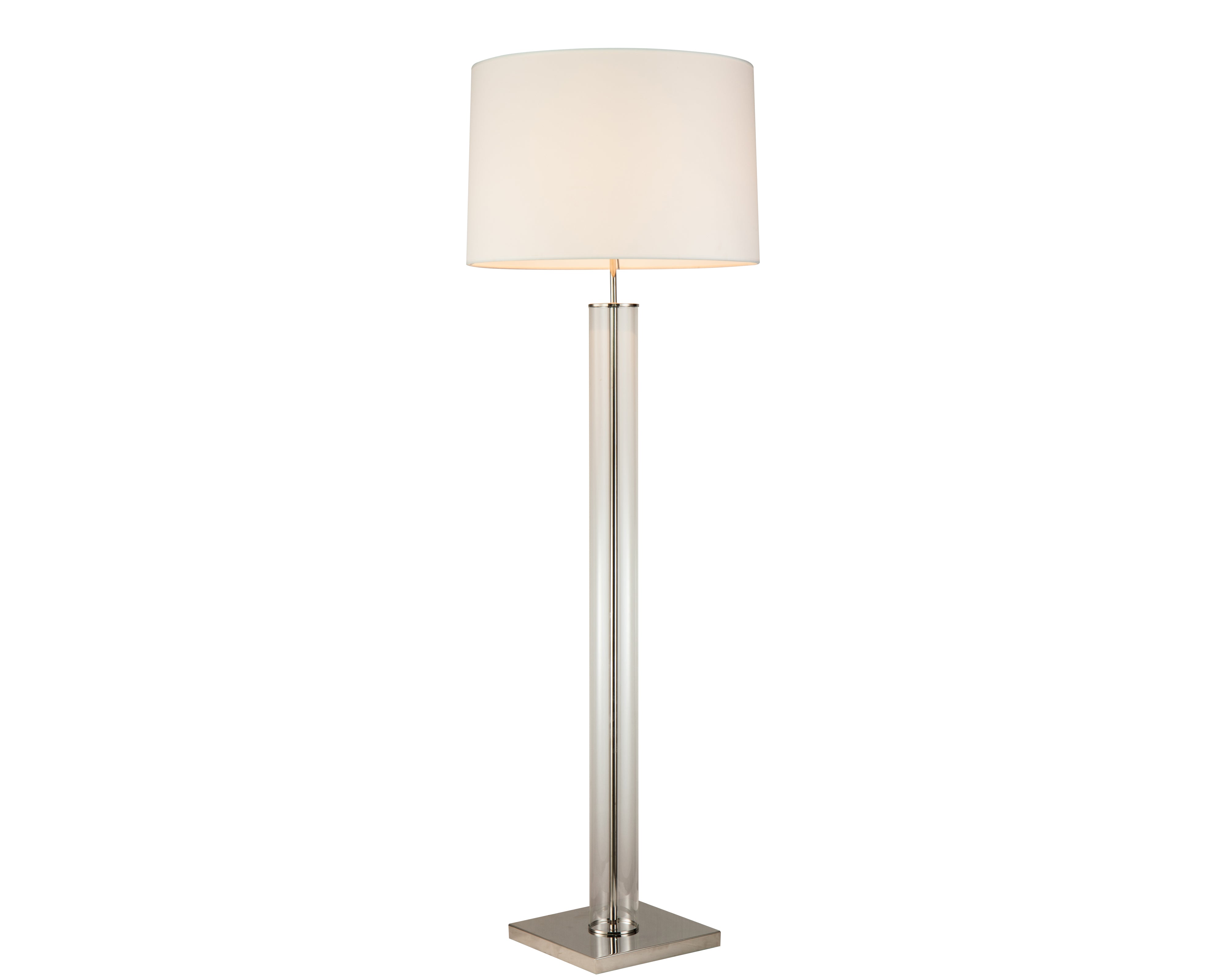 Norman Floor Lamp by Liang & Eimil featuring a clear glass base, nickel detailing, and white fabric shade