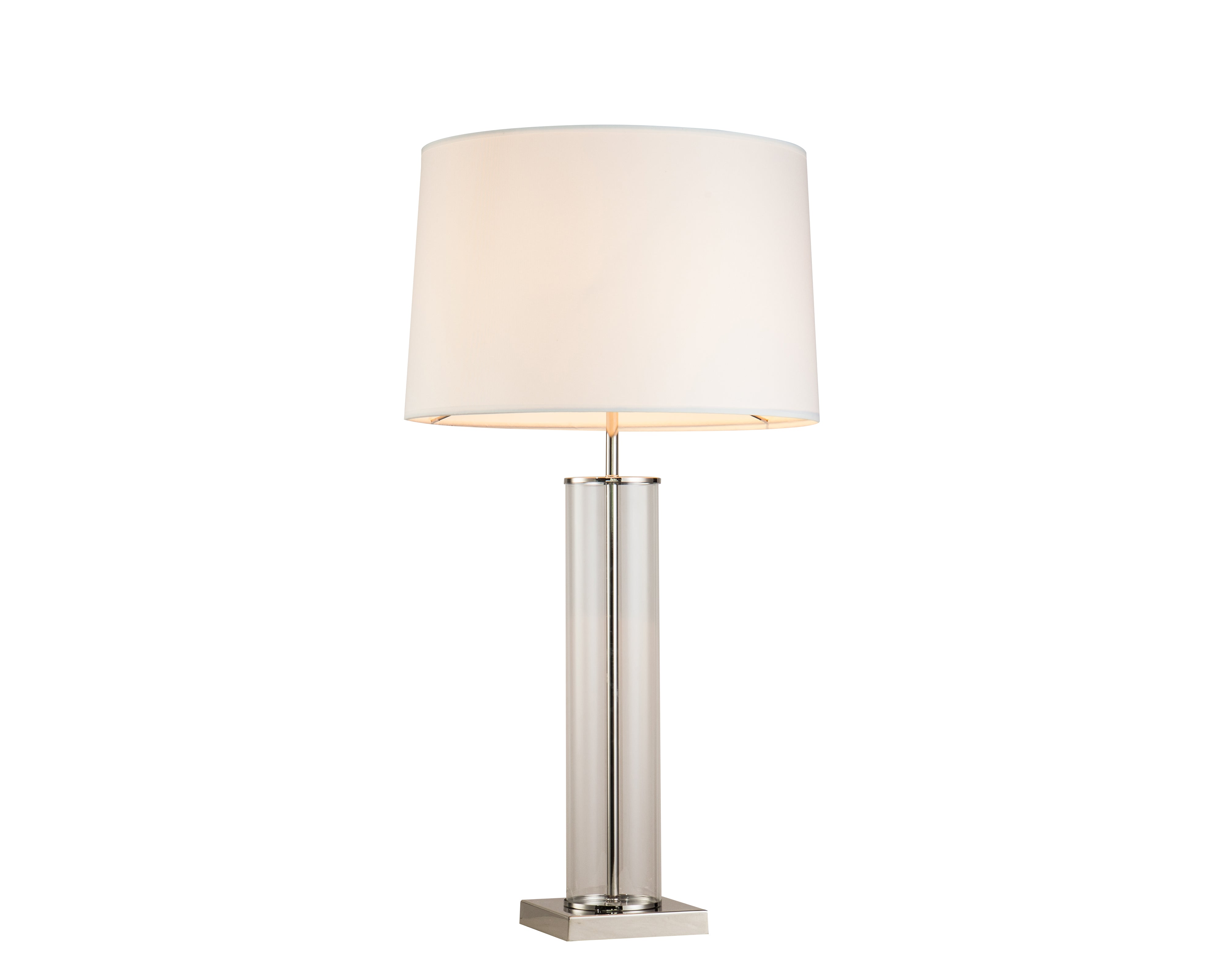Norman Table Lamp by Liang & Eimil featuring a clear glass cylindrical base with a polished nickel finish and white fabric shade