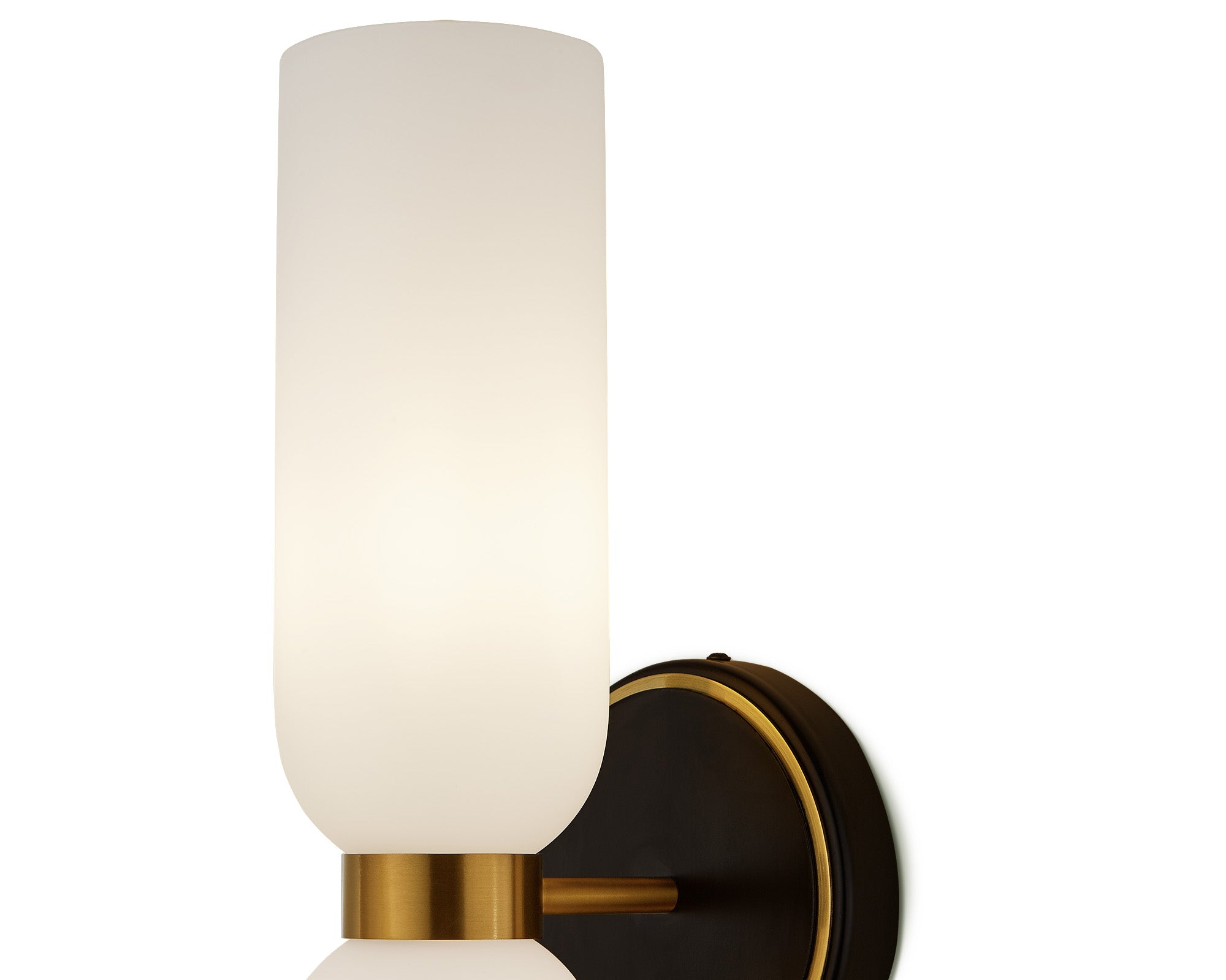 Pawson Wall Light by Liang & Eimil with white glass shades, black iron frame, and brass accents