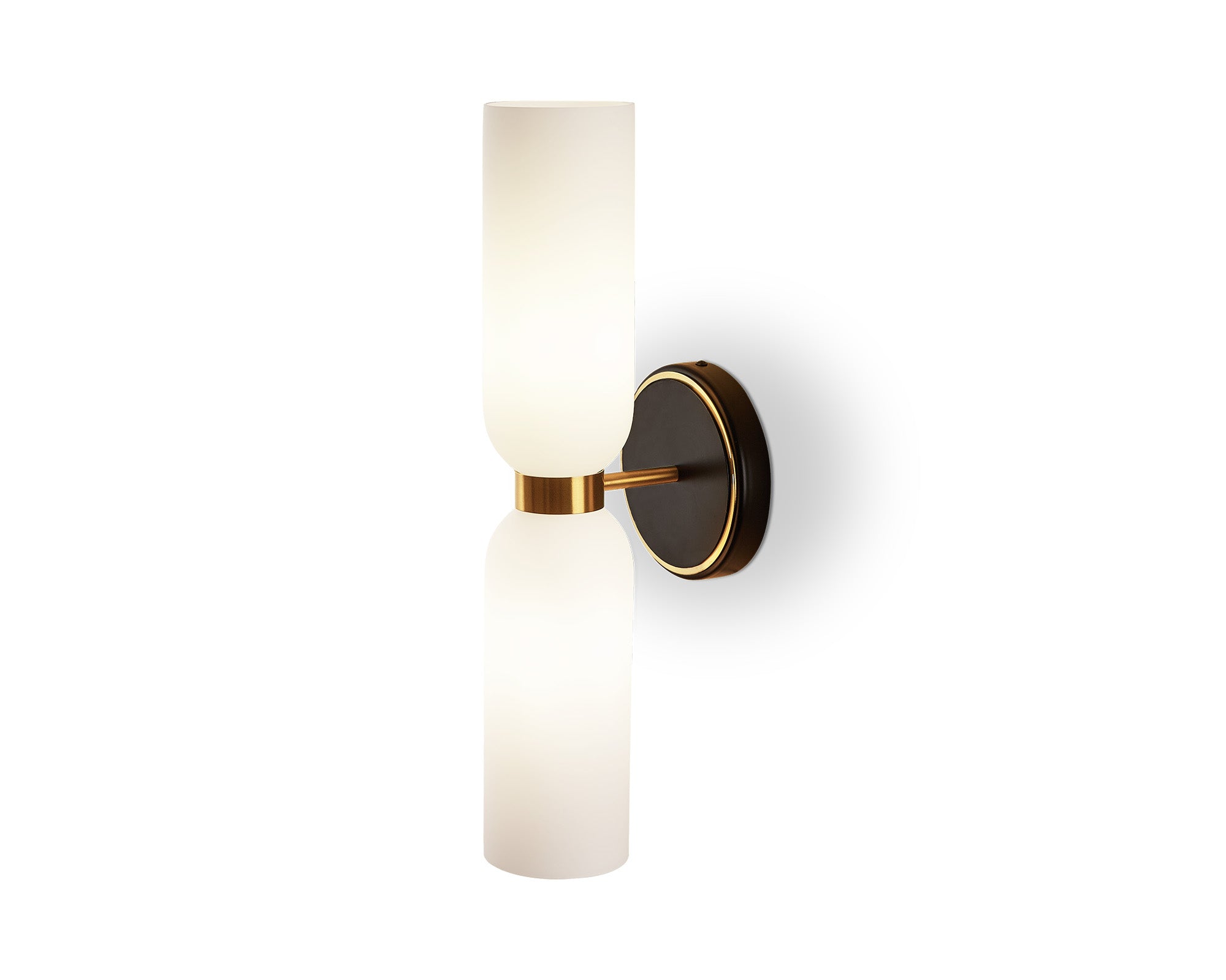 Pawson Wall Light by Liang & Eimil with white glass shades, black iron frame, and brass accents