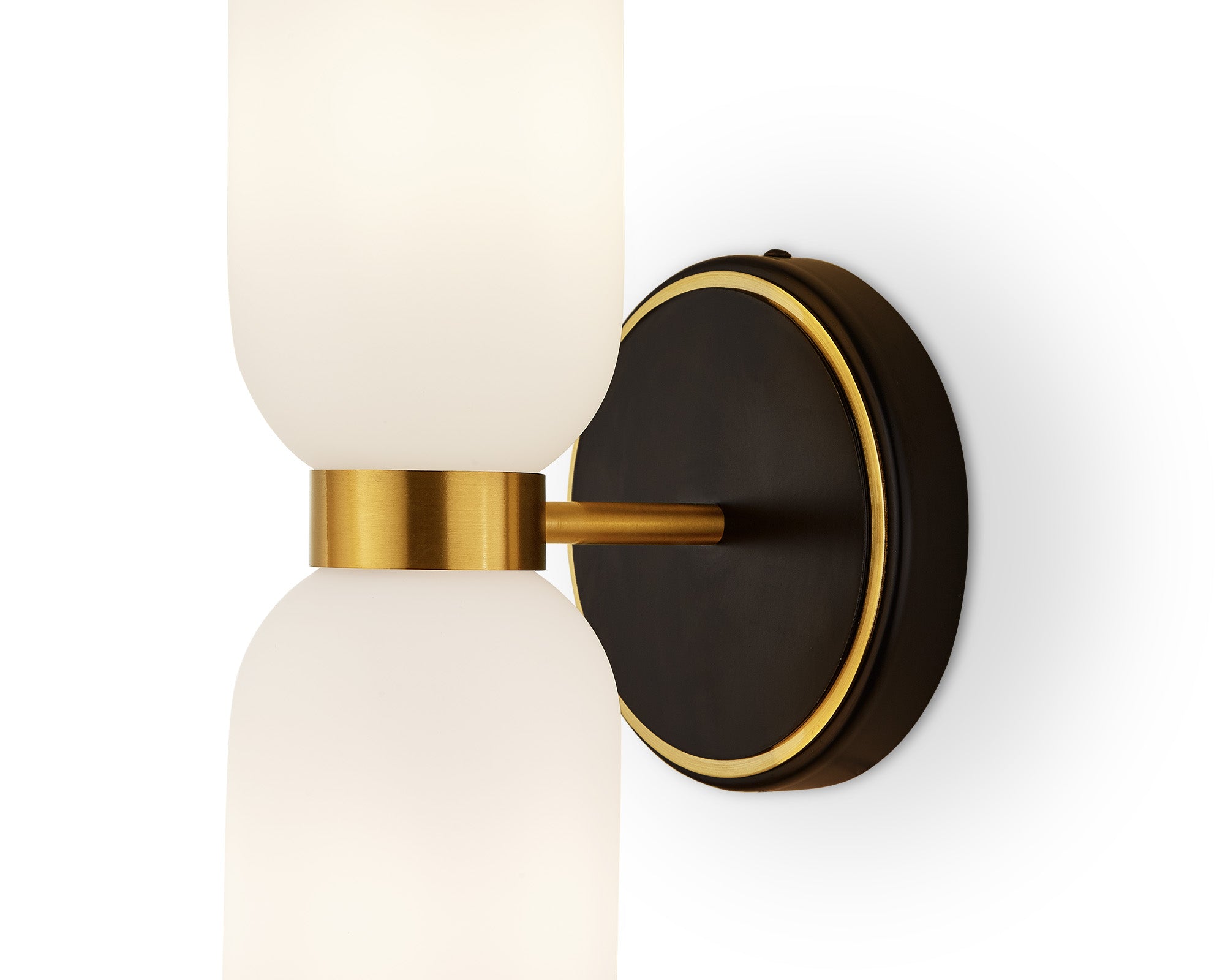 Pawson Wall Light by Liang & Eimil with white glass shades, black iron frame, and brass accents