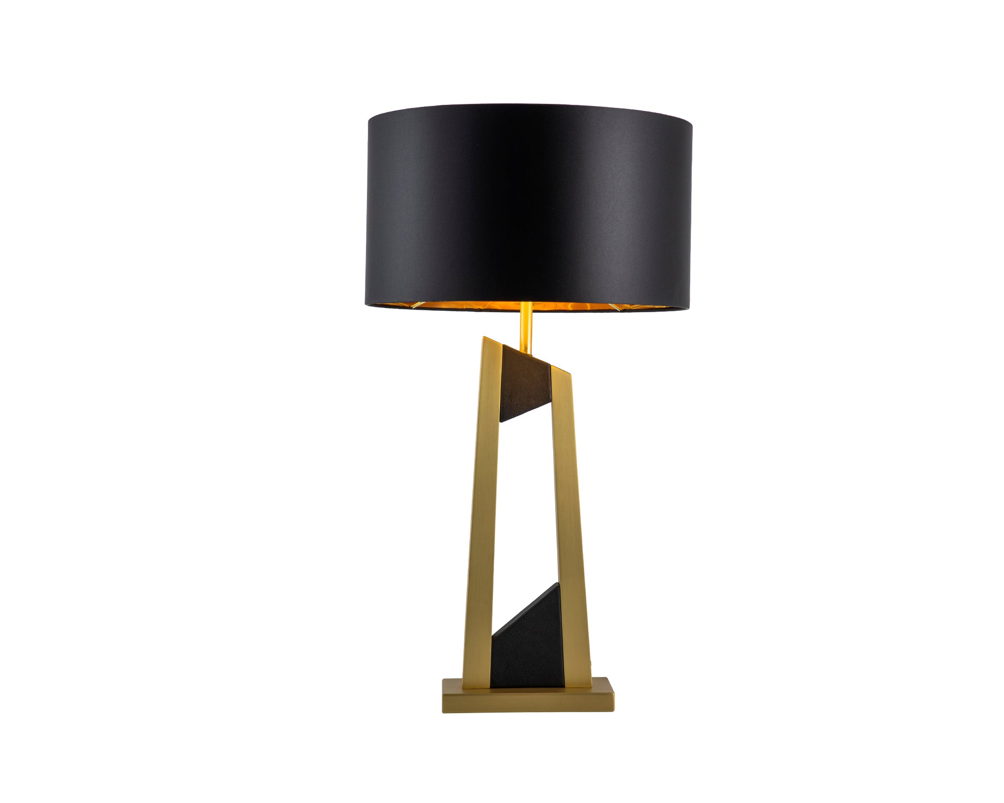 Pharo Table Lamp by Liang & Eimil featuring a brushed brass frame, black leather accents, and a black fabric shade with gold interior