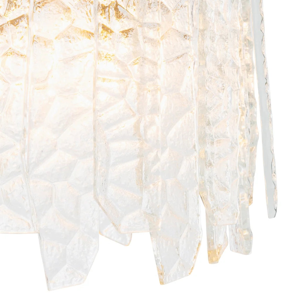 Close-up of the Prati Chandelier highlighting its faceted and textured handmade clear glass panels.