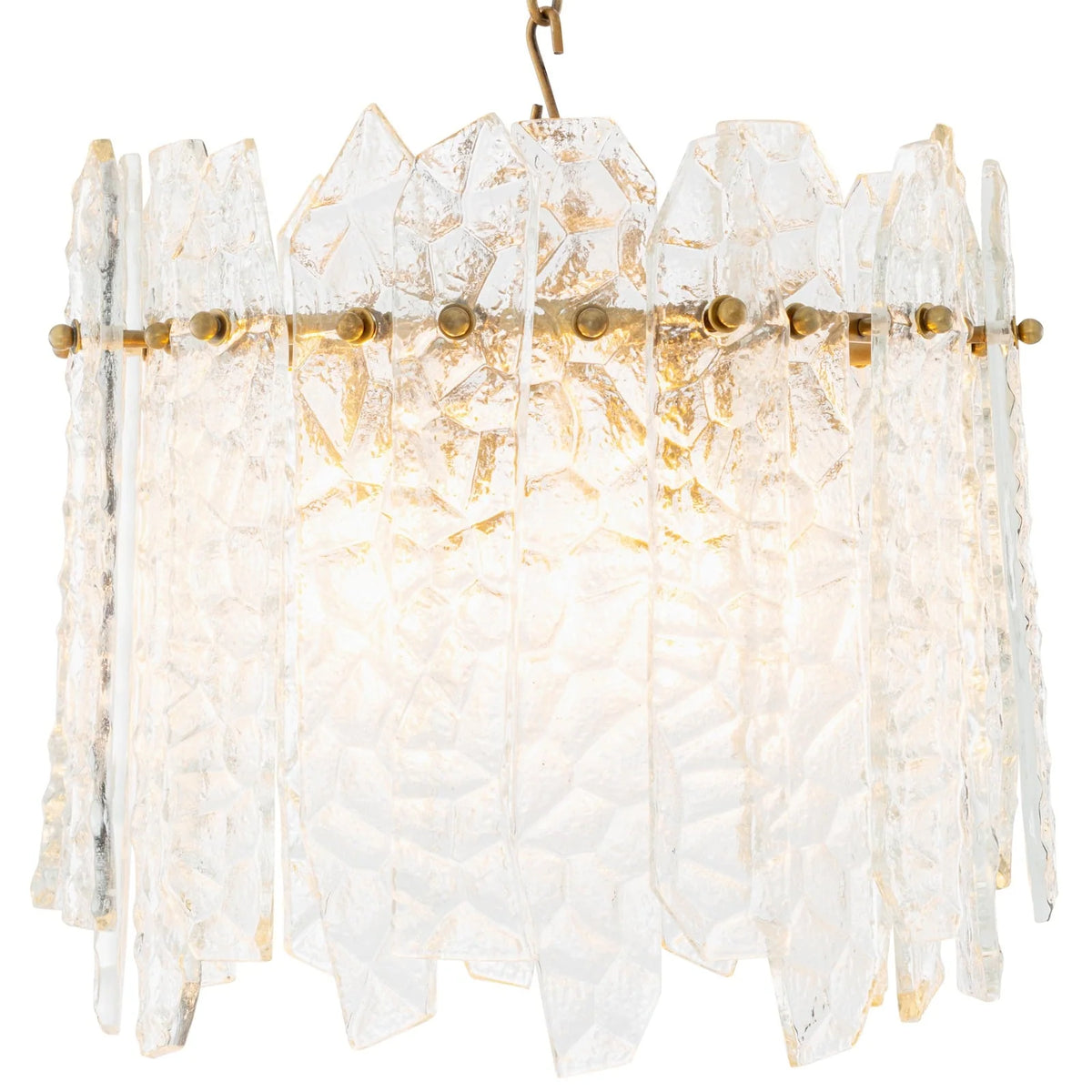 Prati Chandelier by Eichholtz showcasing handcrafted clear glass panels and refined vintage brass detailing.