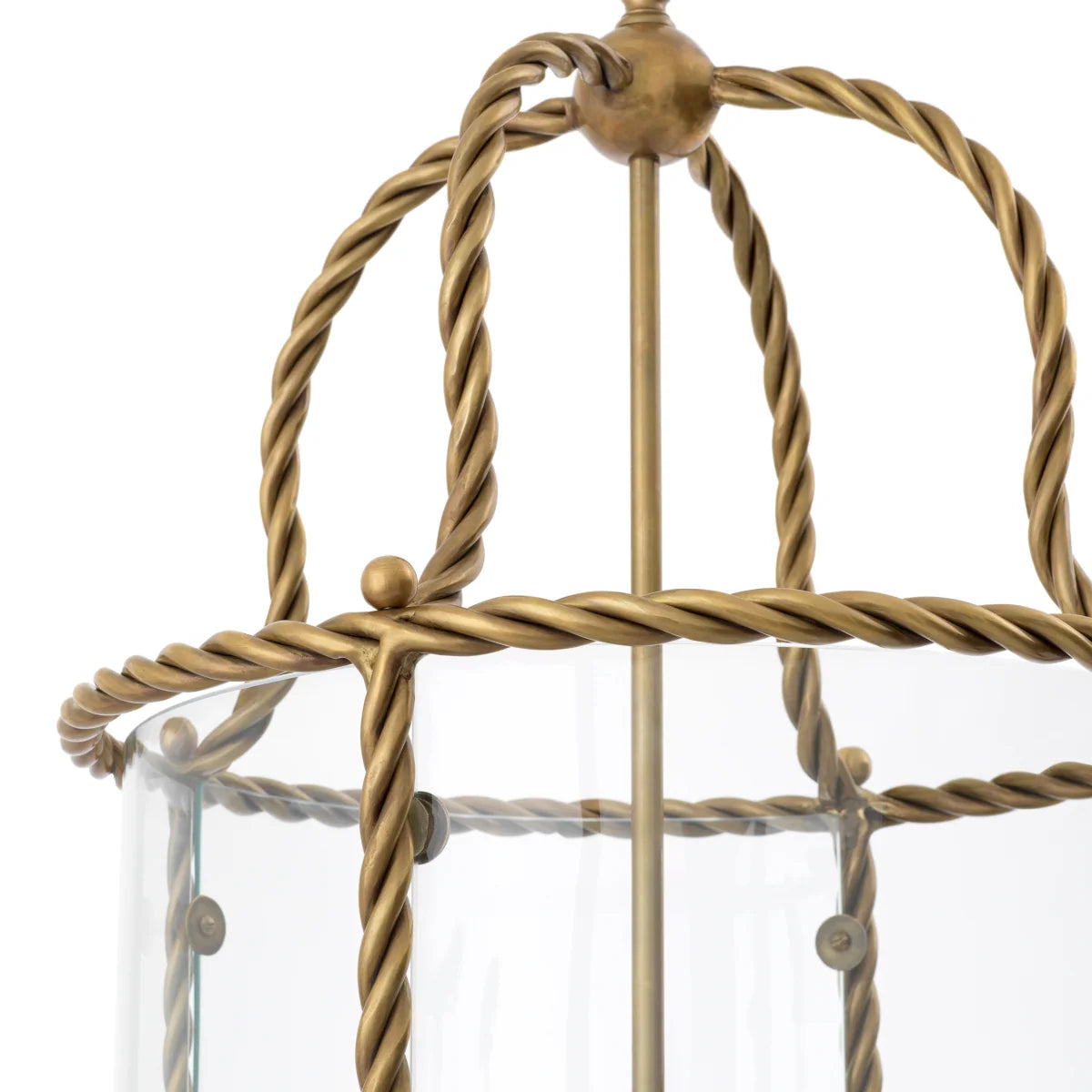 Detailed view of the Preston Pendant’s elegant white shades arranged within the brass structure