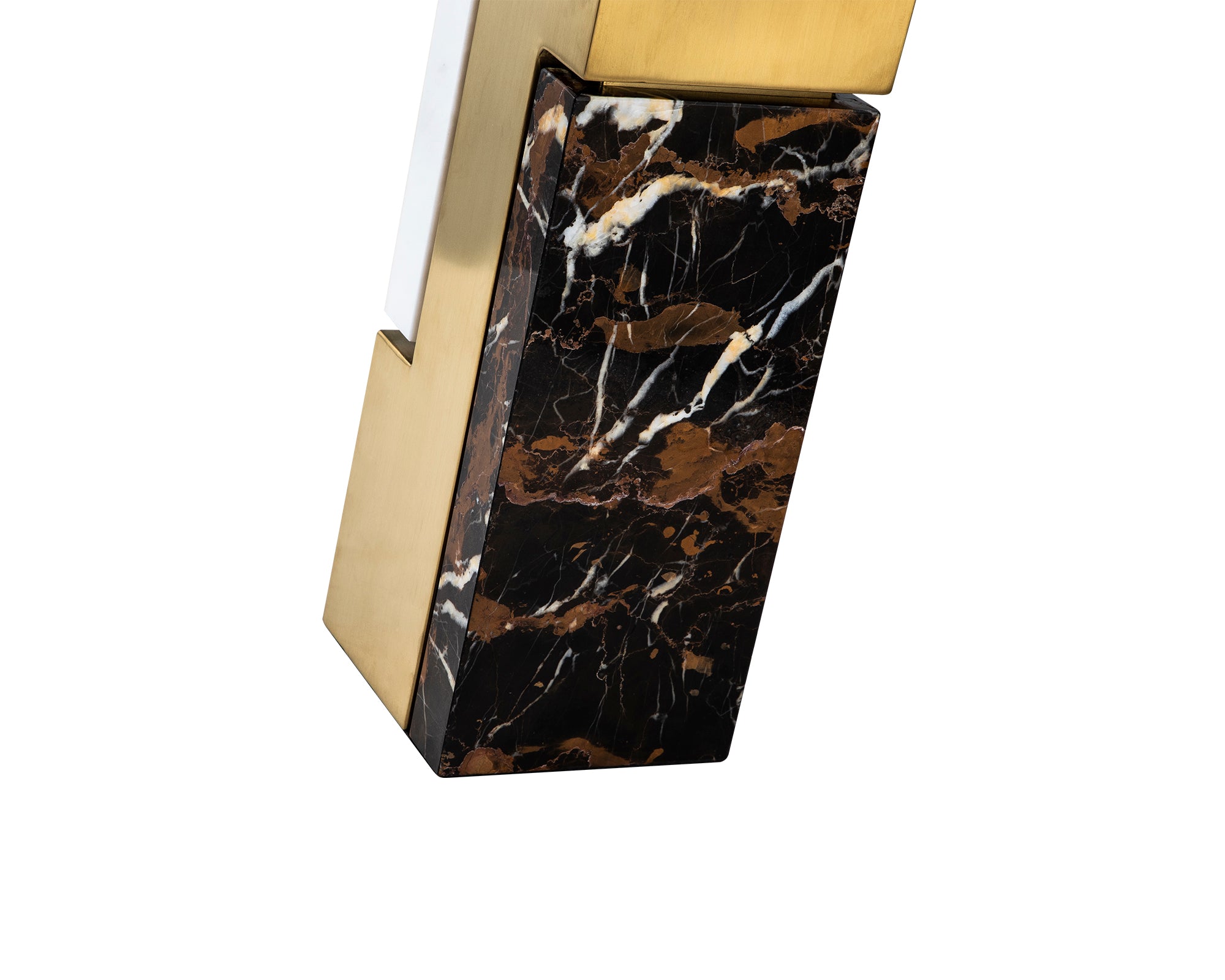 Rakke Table Lamp by Liang & Eimil featuring a travertine marble base, brushed titanium frame, and white cotton shade