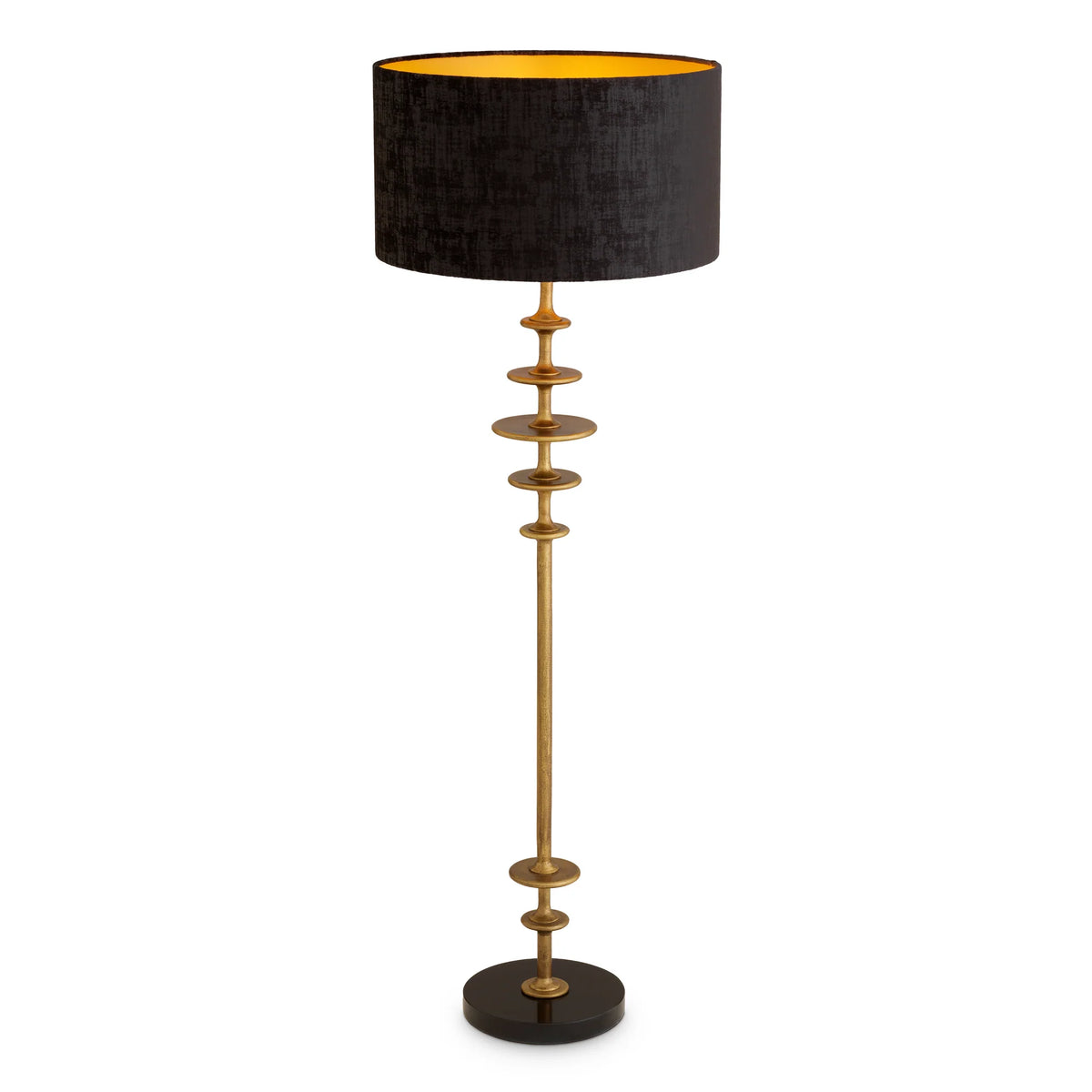 Rosetti Floor Lamp showcasing a sculptural stacked-disc silhouette in refined vintage brass