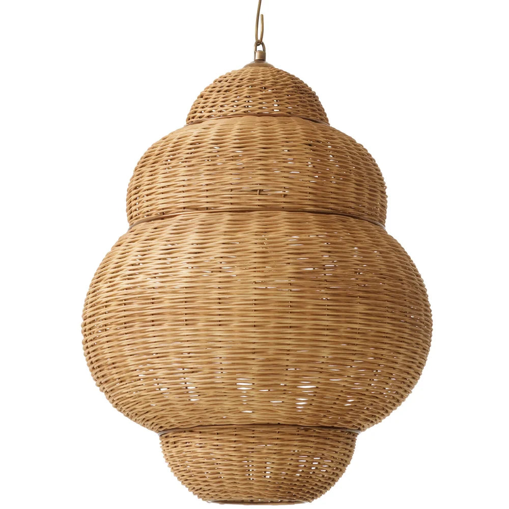 Sculptural Rowlan Pendant showcasing its generous rounded form and natural woven texture.