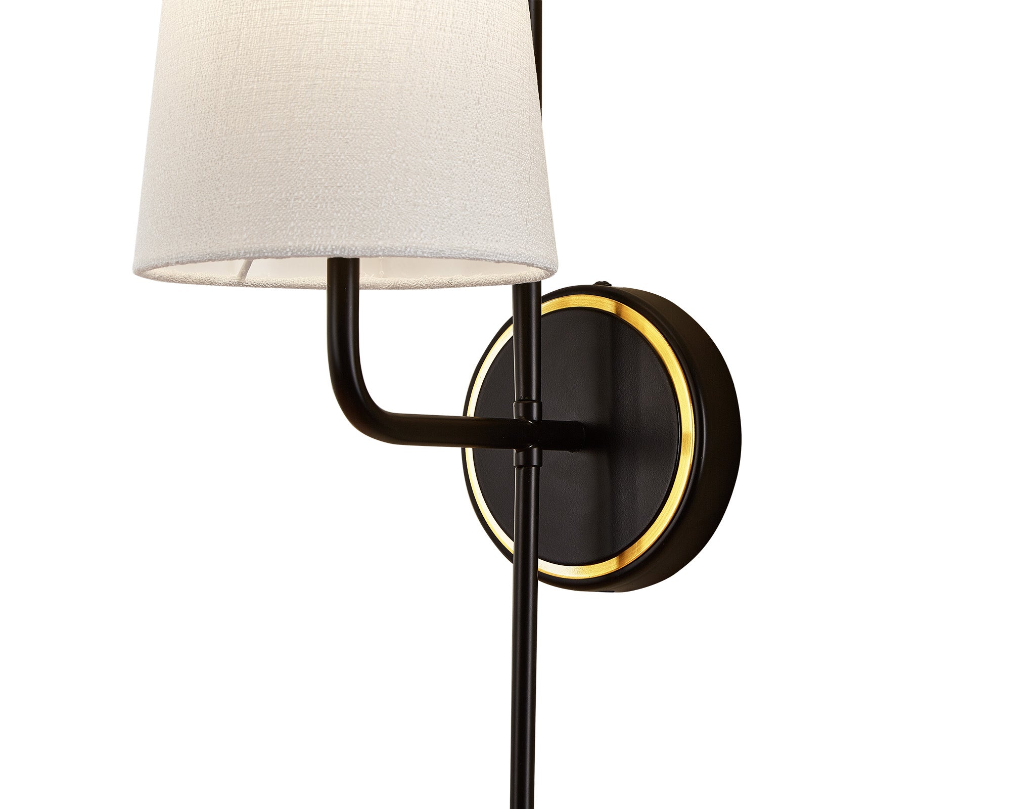 Serpa Wall Light by Liang & Eimil with white linen shade, black iron frame, and brushed brass accents