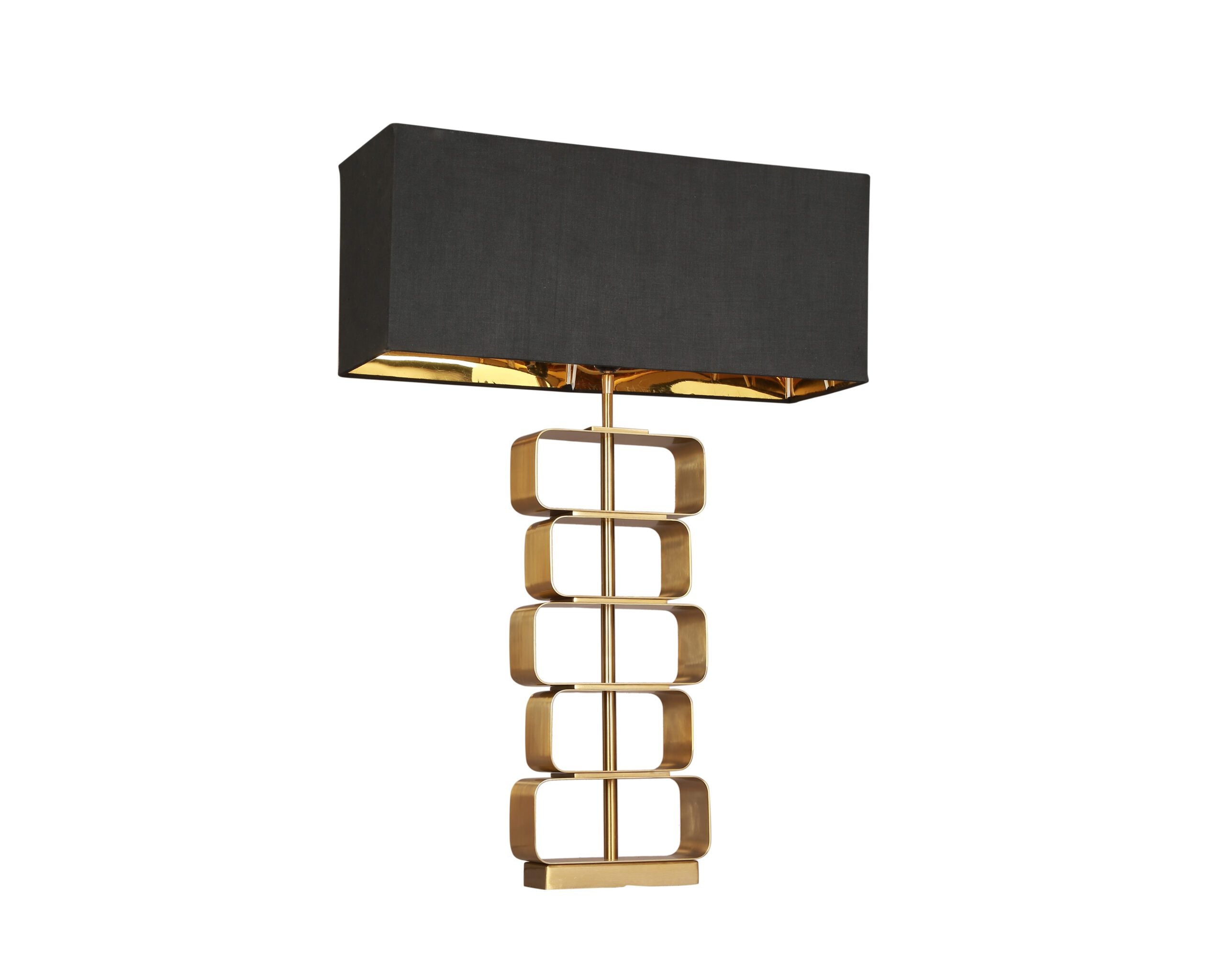 Trento Table Lamp by Liang & Eimil featuring a brushed brass stacked rectangle frame and black fabric shade with gold lining