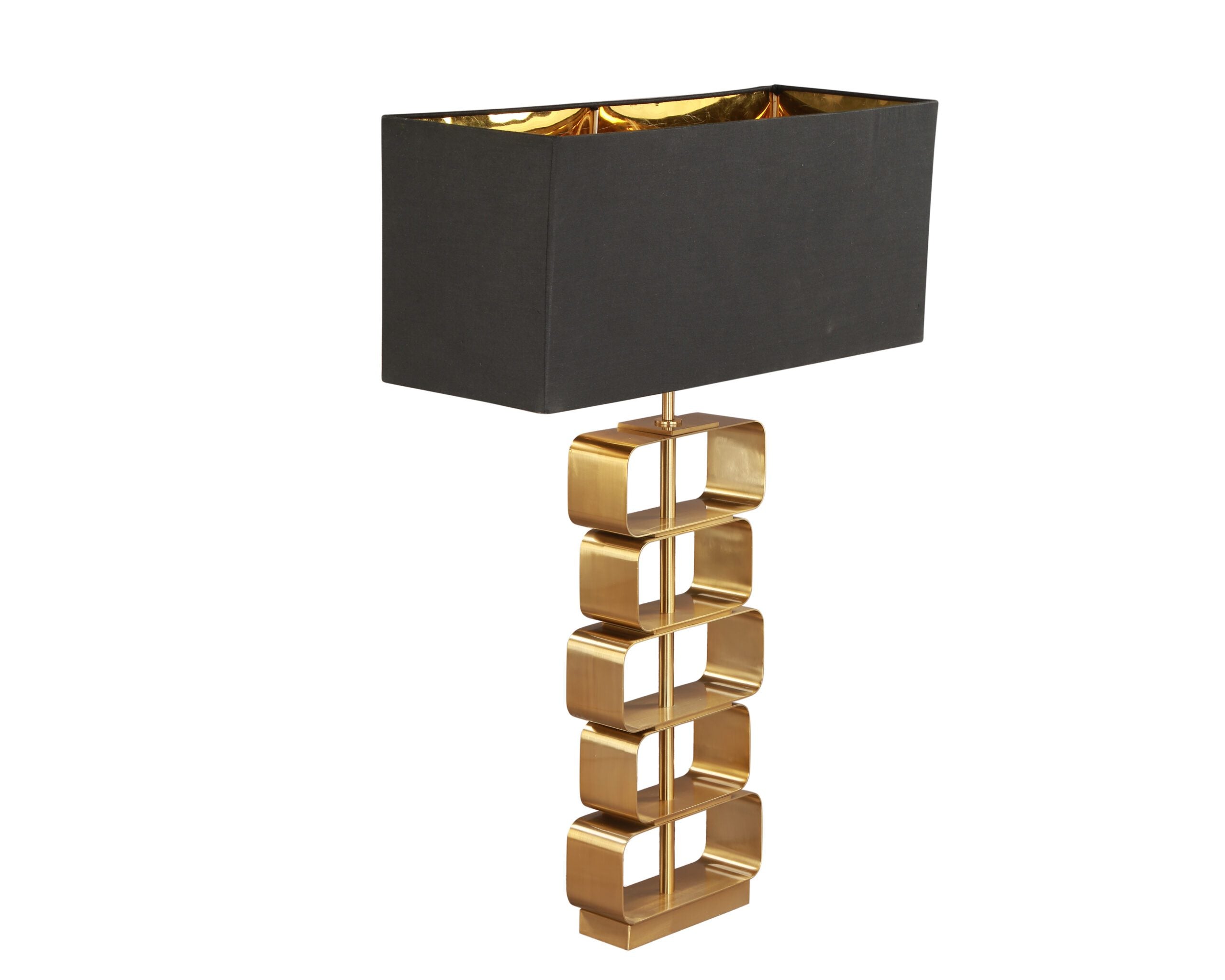 Trento Table Lamp by Liang & Eimil featuring a brushed brass stacked rectangle frame and black fabric shade with gold lining