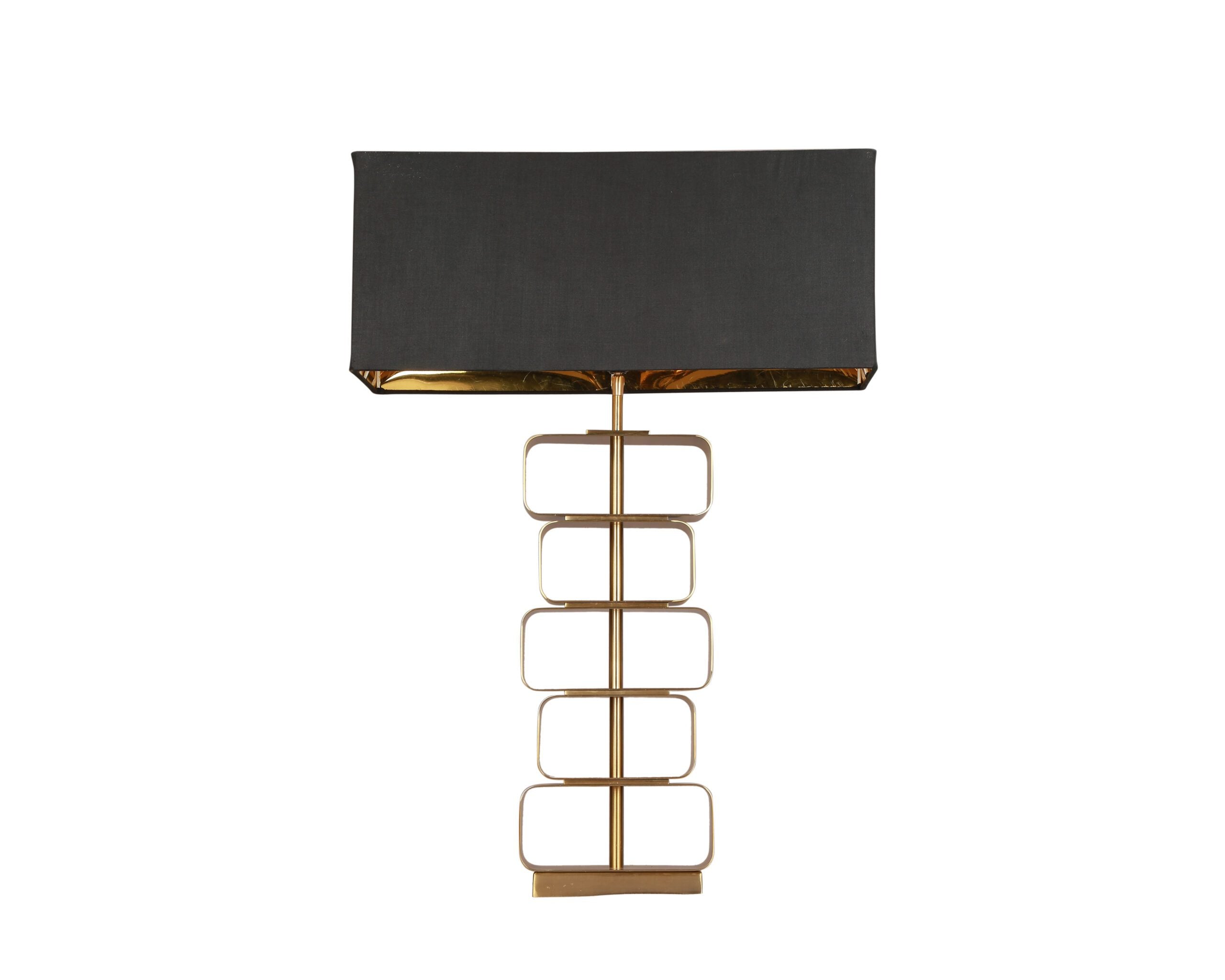 Trento Table Lamp by Liang & Eimil featuring a brushed brass stacked rectangle frame and black fabric shade with gold lining