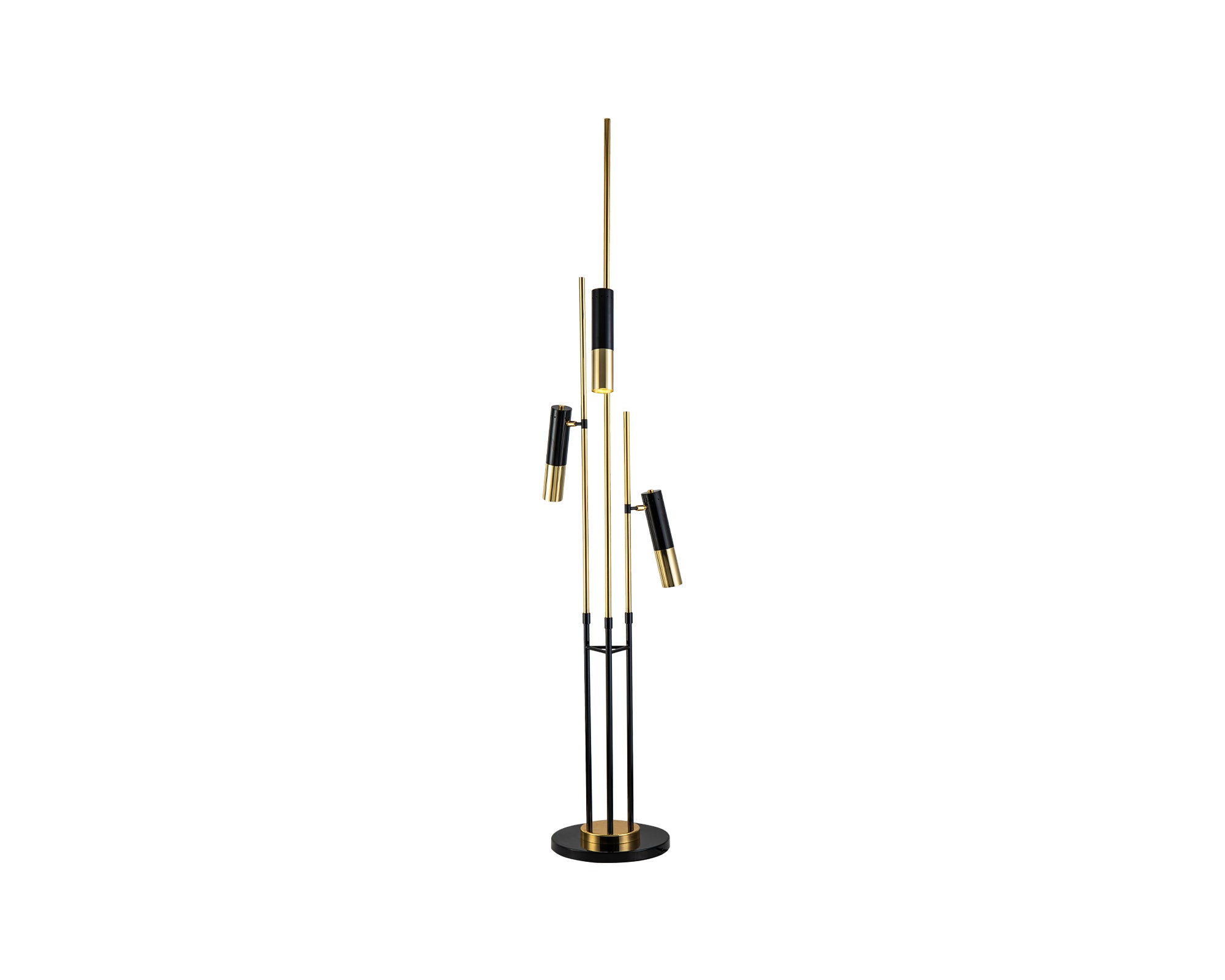 Trevecca Floor Lamp by Liang & Eimil featuring a gloss black frame with polished brass accents and three light fixtures