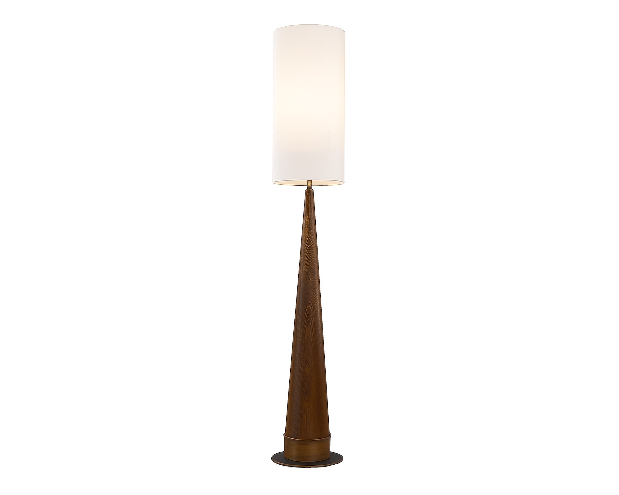 Velta Floor Light by Liang & Eimil featuring a tapered ash wood frame, bronze accents, and white linen shade
