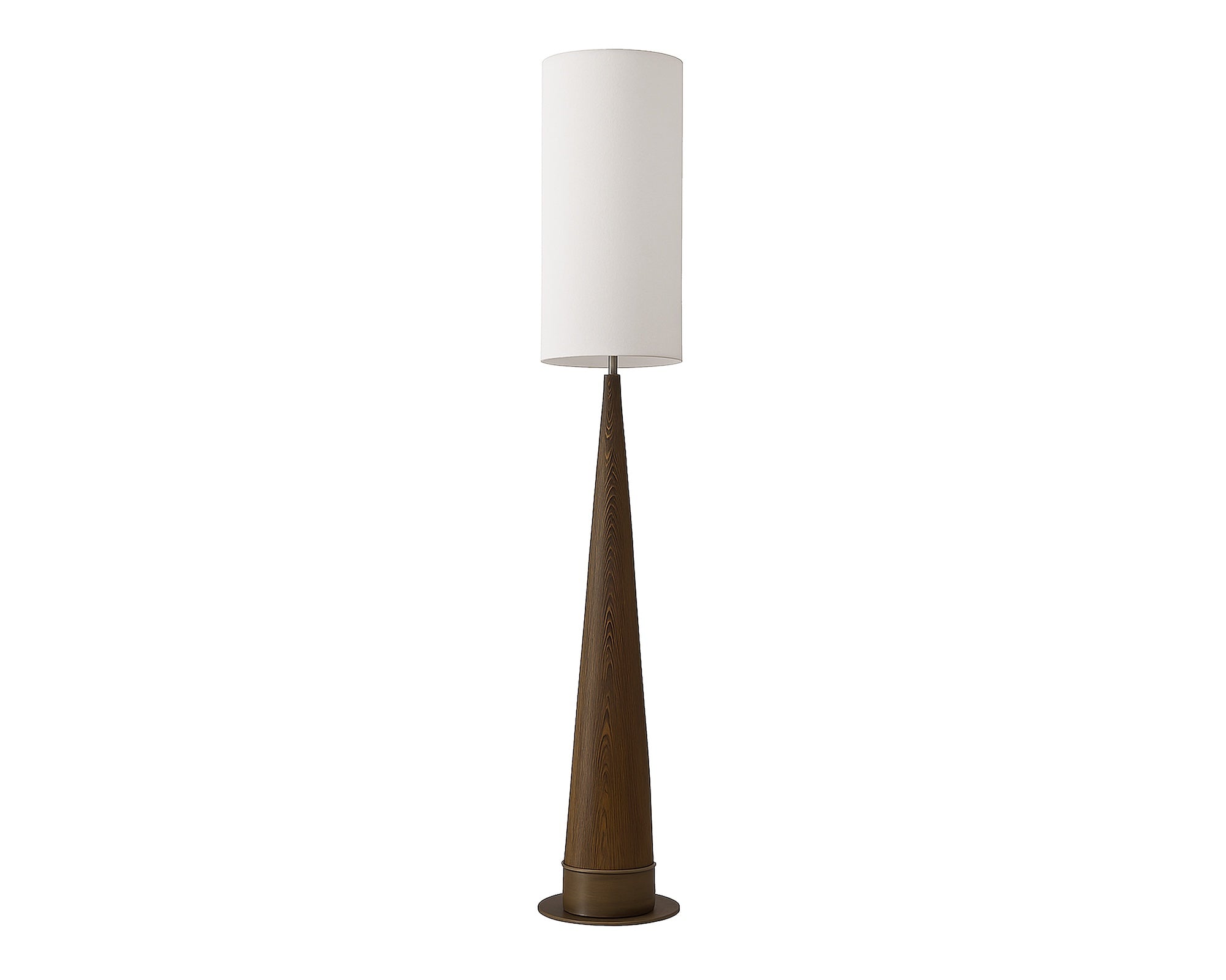 Velta Floor Light by Liang & Eimil featuring a tapered ash wood frame, bronze accents, and white linen shade