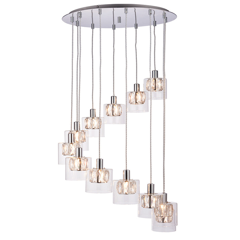Verina 12Lt Pendant showcasing polished chrome, faceted crystal and elegant clear glass detailing