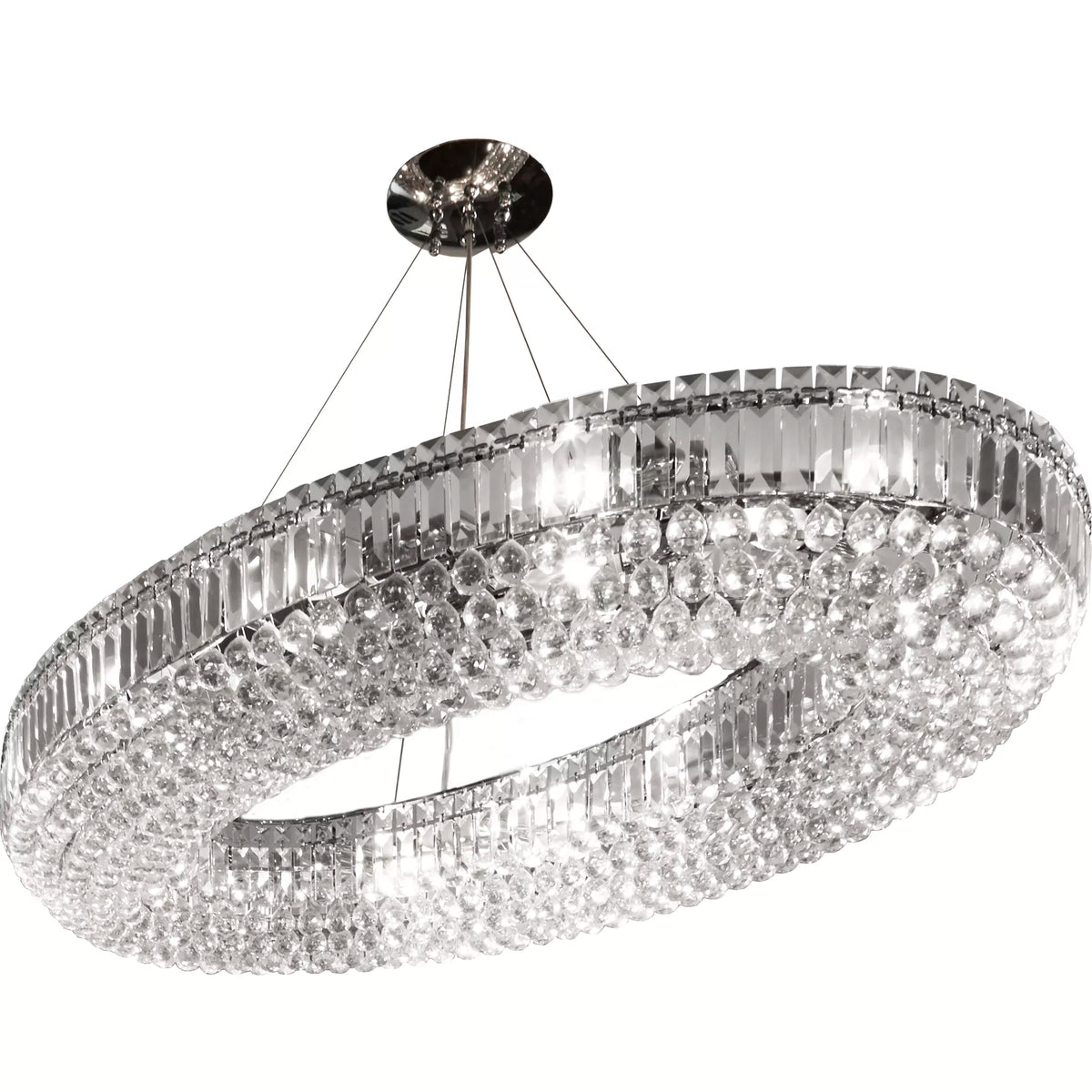 Vesuvius 24Lt Pendant showcasing its majestic chrome oval frame and luxurious clear crystal detailing