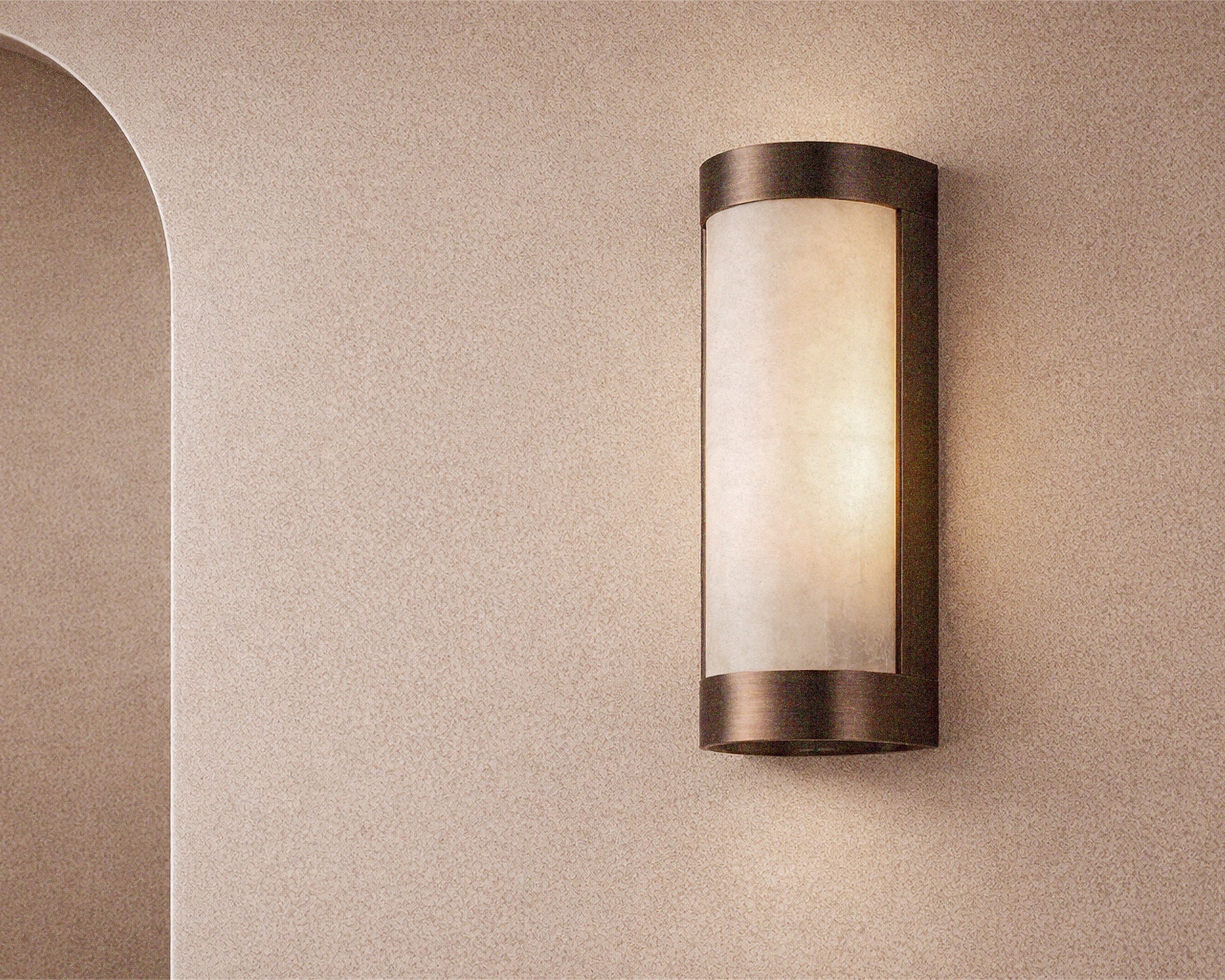 Vetra IP44 Wall Light by Liang & Eimil featuring genuine white selenite and brushed bronze detailing