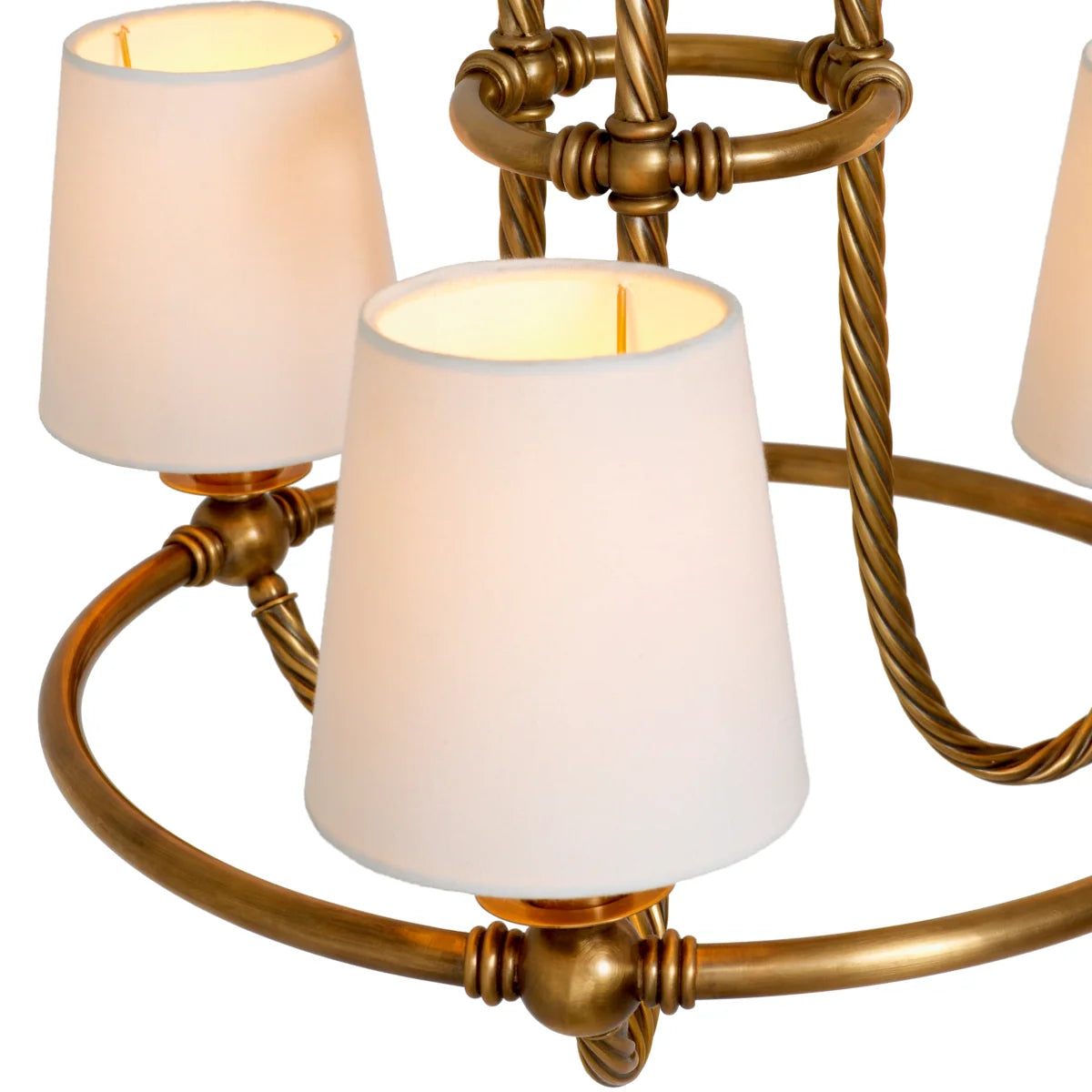 Vienna S Chandelier featuring an intricately twisted sculptural brass frame