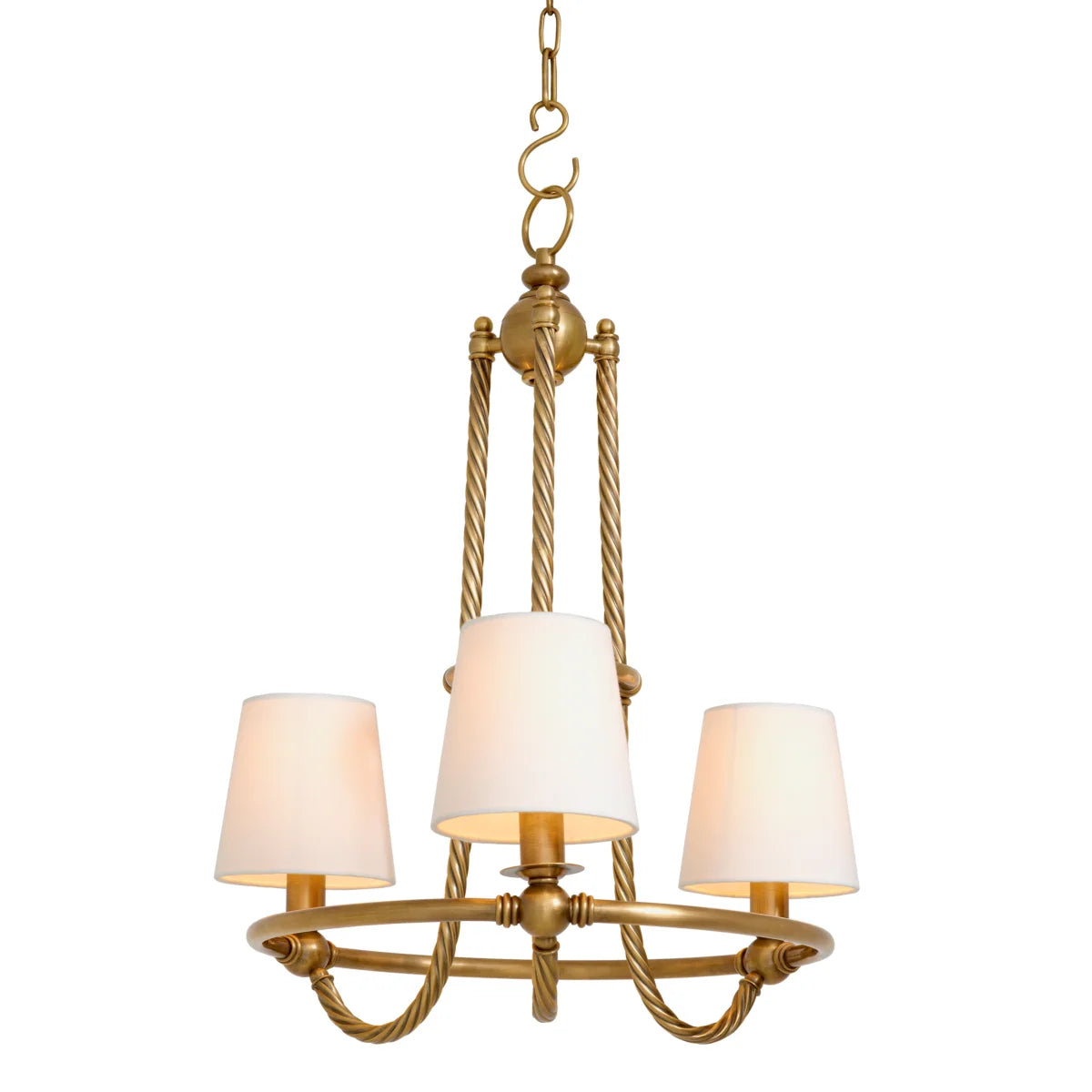 Vienna S Chandelier showcasing its elegant vintage brass frame and refined white shades
