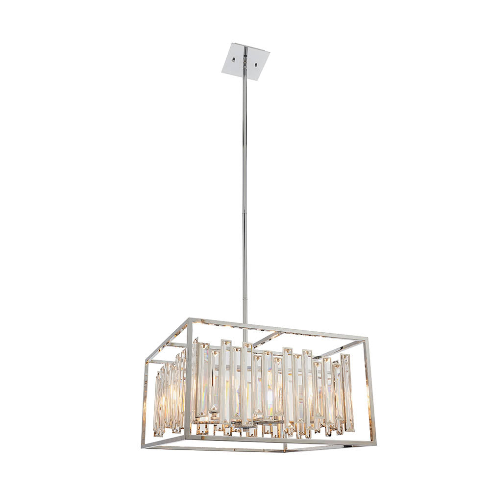 Acadia 6Lt Pendant illuminated to reveal shimmering reflections through the bevelled crystals