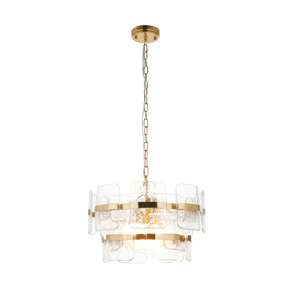 Ancara 3Lt Pendant showcasing its layered handmade glass design and brushed aged brass plated finish