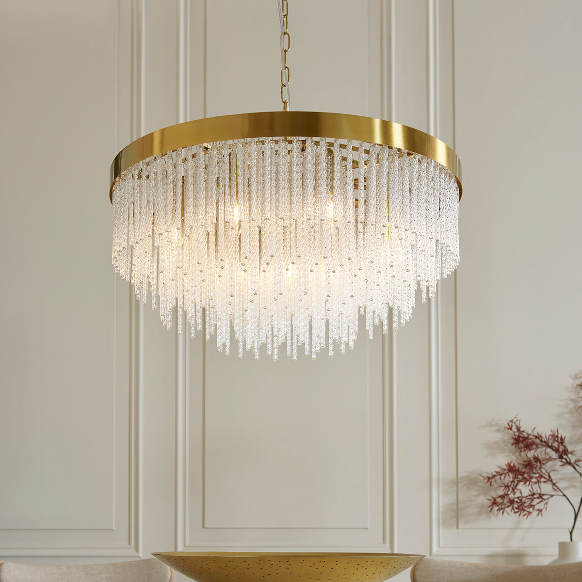 Anistoria Grand 9Lt Pendant enhancing a grand stairwell with cascading decorative glass