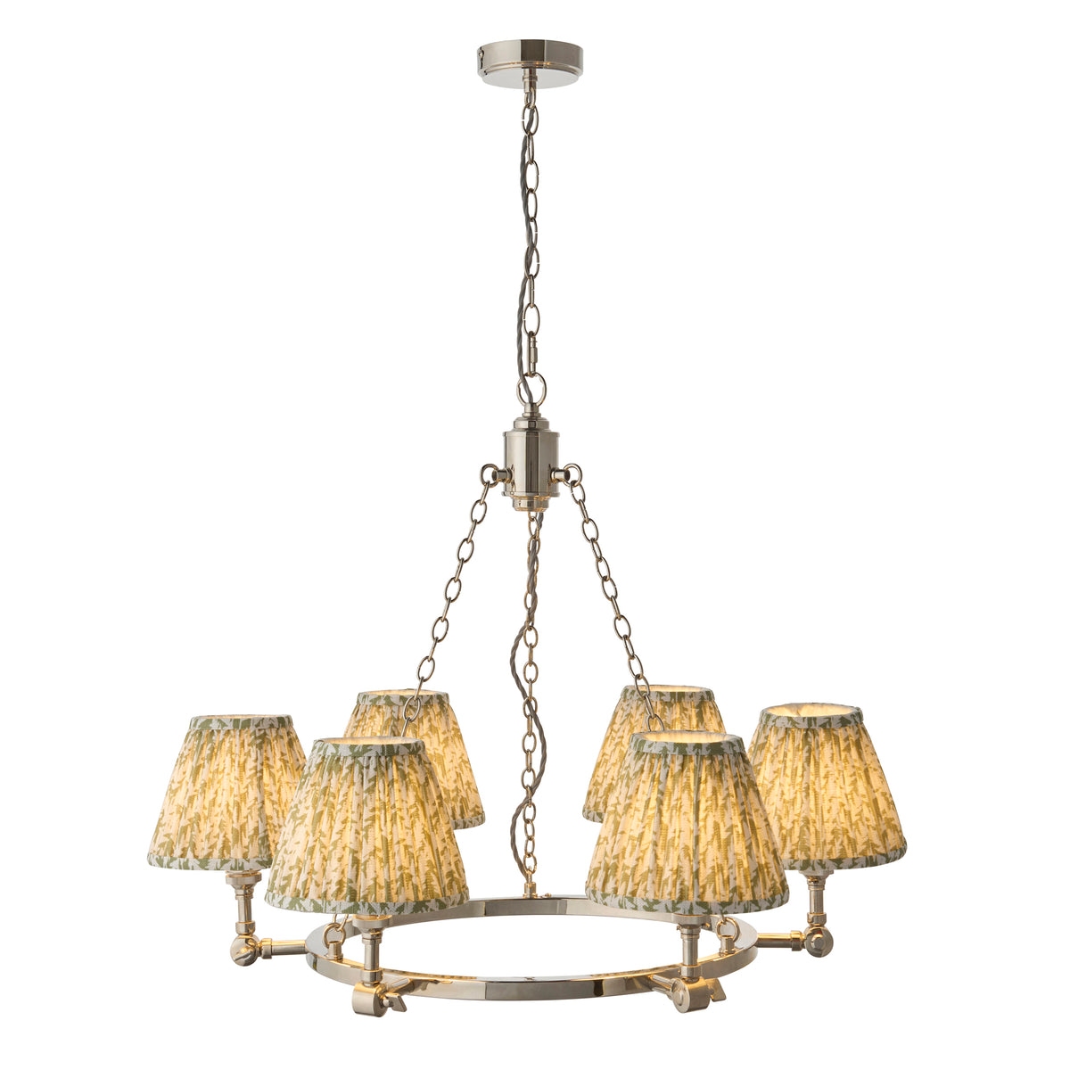 Arabella & Leaf 6Lt Pendant showcasing its bright nickel finish and distinctive herb garden green Leaf shades