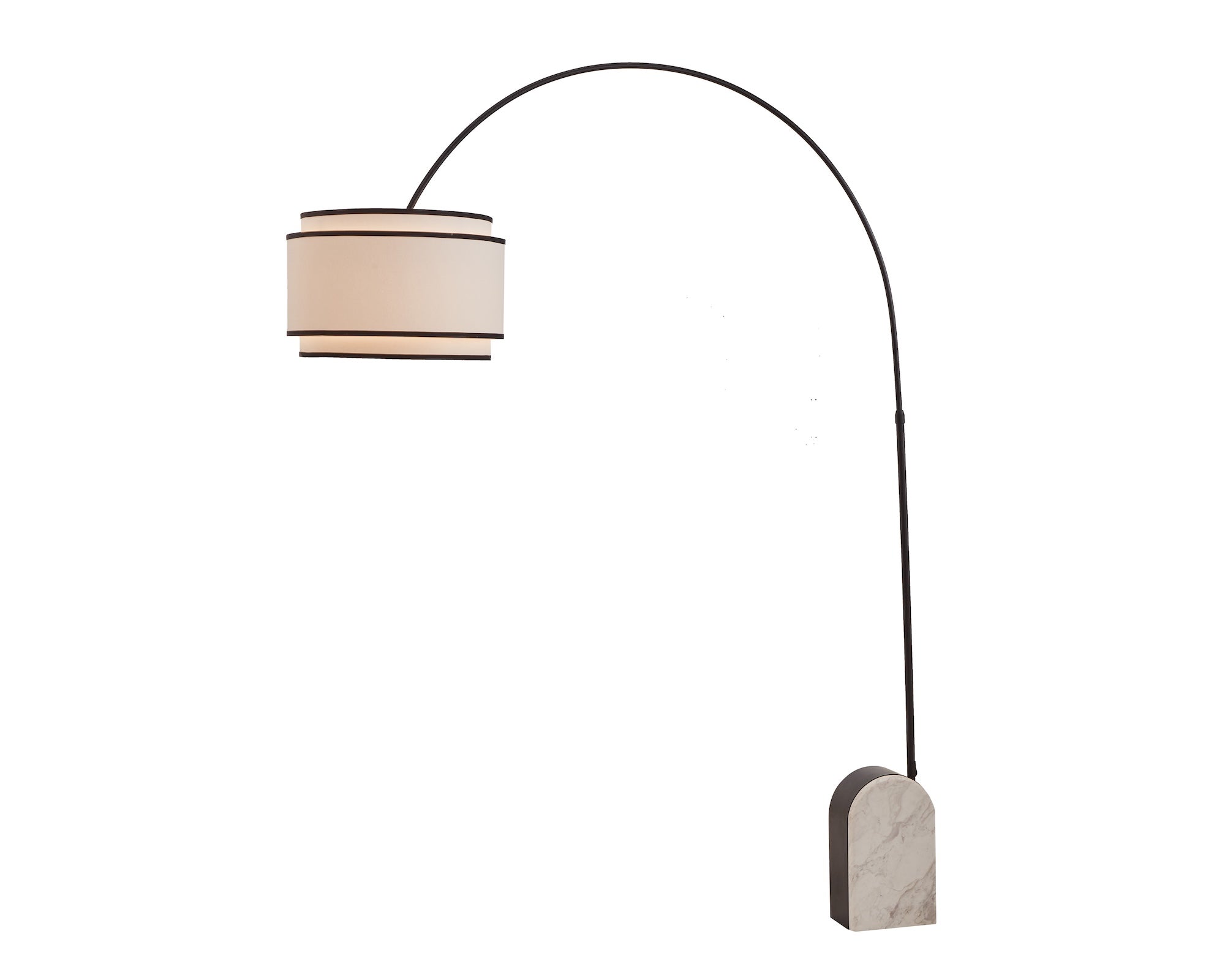 Arcadia Floor Lamp by Liang & Eimil featuring a travertine marble base, matte black frame, and linen shade