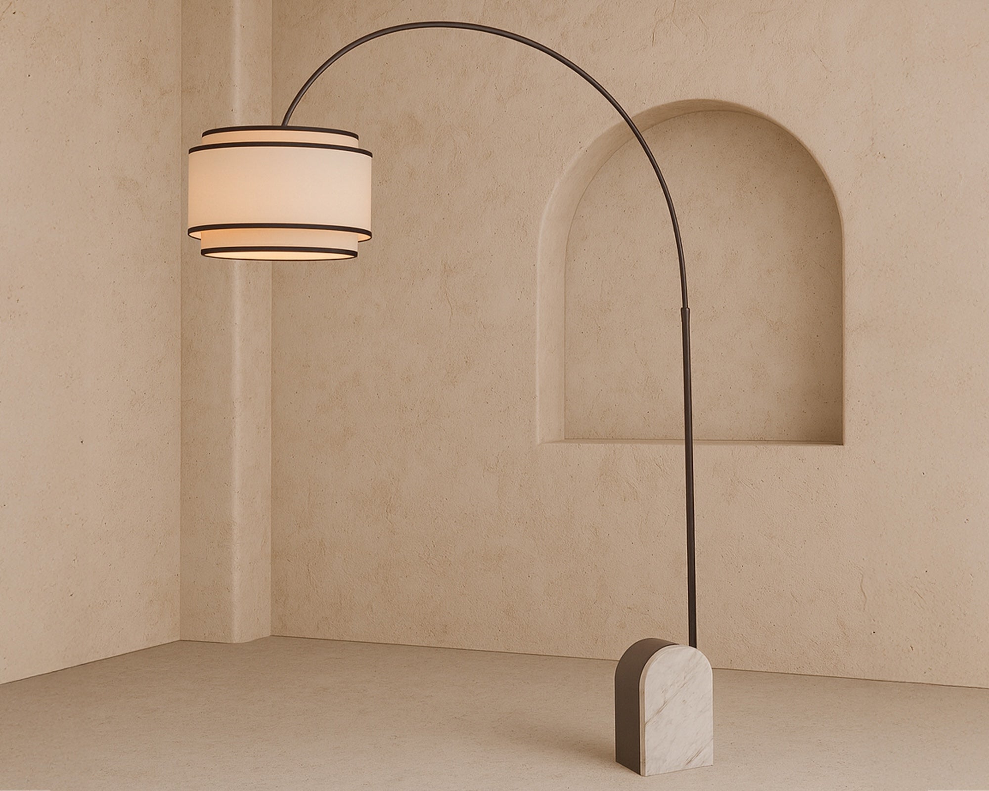 Arcadia Floor Lamp by Liang & Eimil featuring a travertine marble base, matte black frame, and linen shade