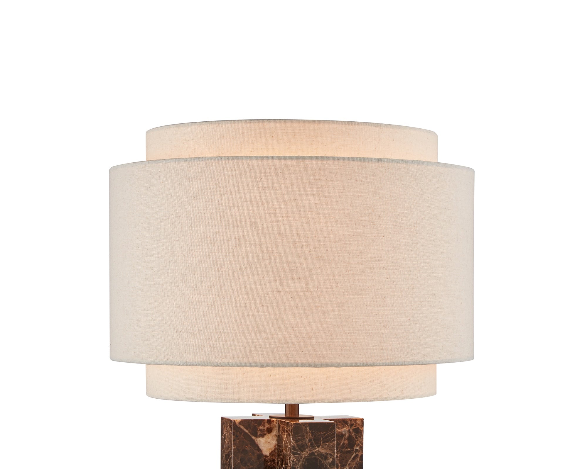 Asos Table Lamp by Liang & Eimil featuring an Emperador marble base, antique bronze detailing, and a layered beige linen shade