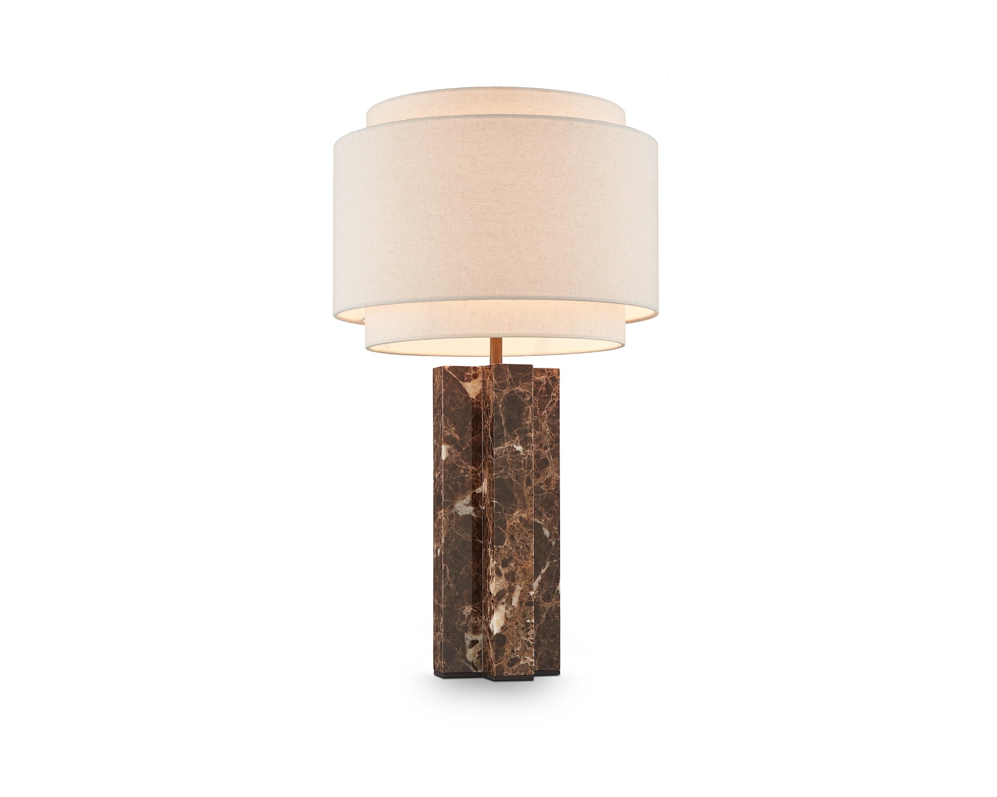Asos Table Lamp by Liang & Eimil featuring an Emperador marble base, antique bronze detailing, and a layered beige linen shade
