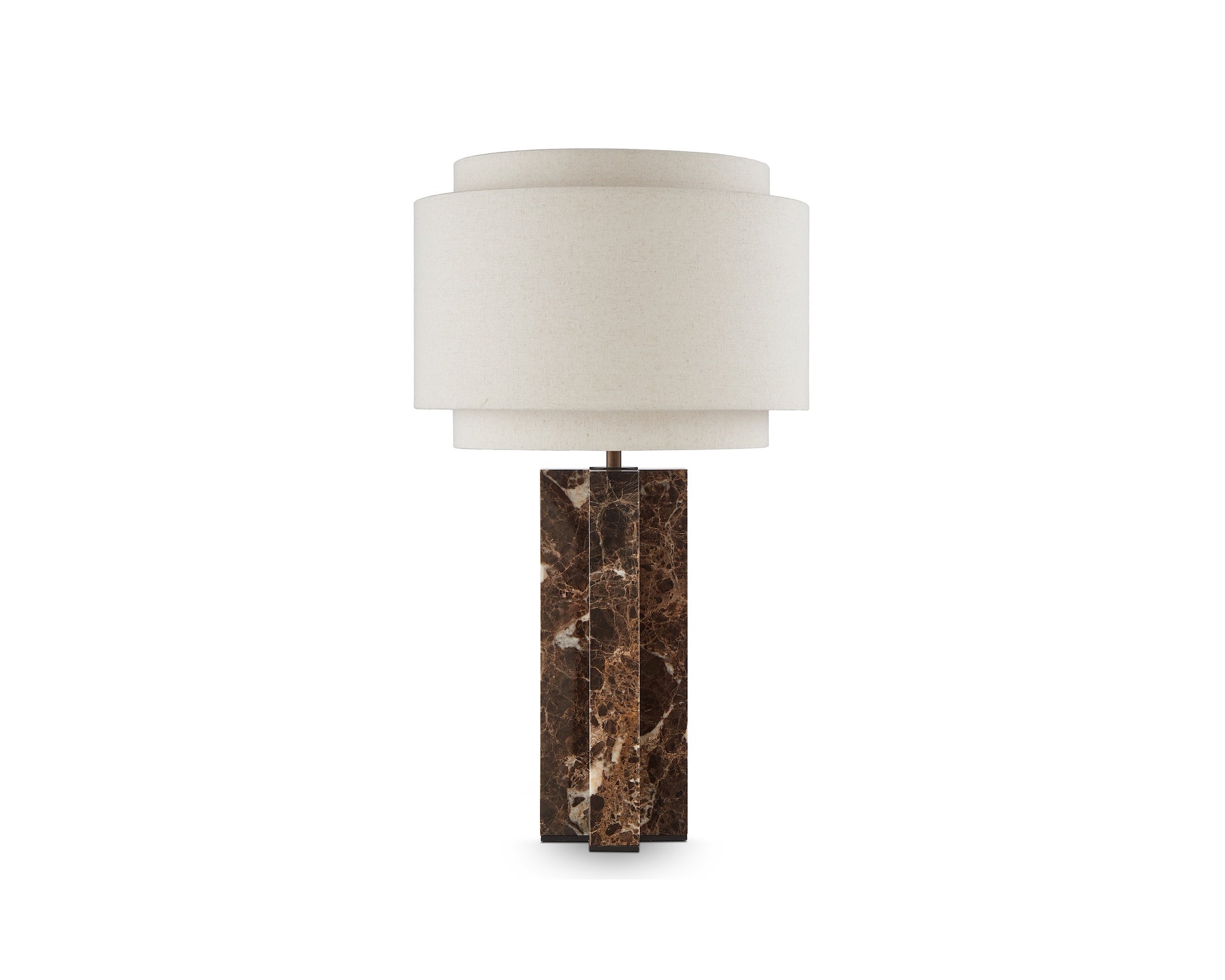 Asos Table Lamp by Liang & Eimil featuring an Emperador marble base, antique bronze detailing, and a layered beige linen shade
