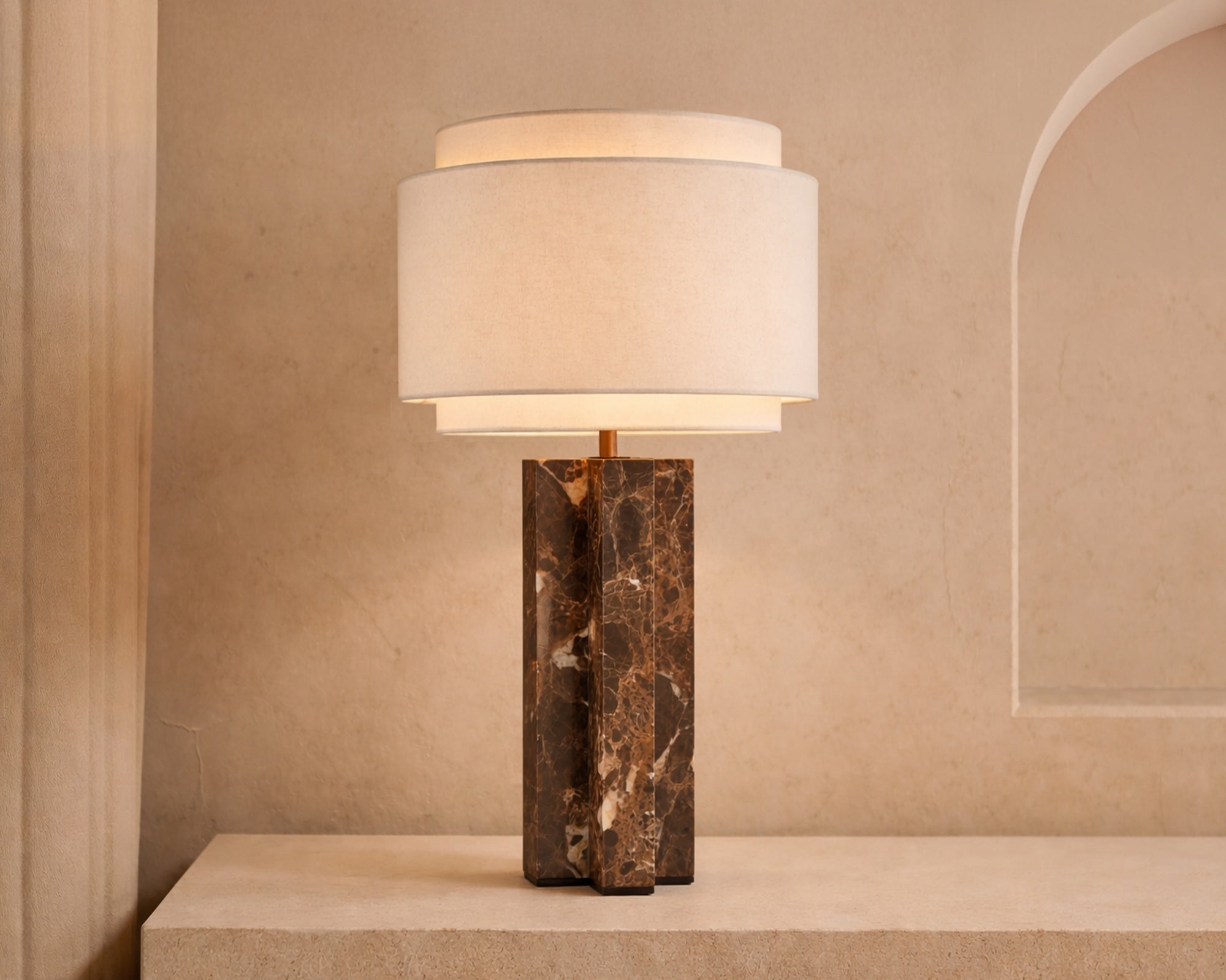 Asos Table Lamp by Liang & Eimil featuring an Emperador marble base, antique bronze detailing, and a layered beige linen shade