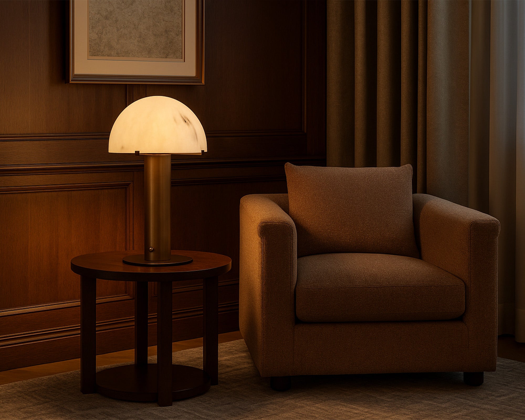 Aston Table Lamp by Liang & Eimil featuring an alabaster-effect dome shade with an antique brass base