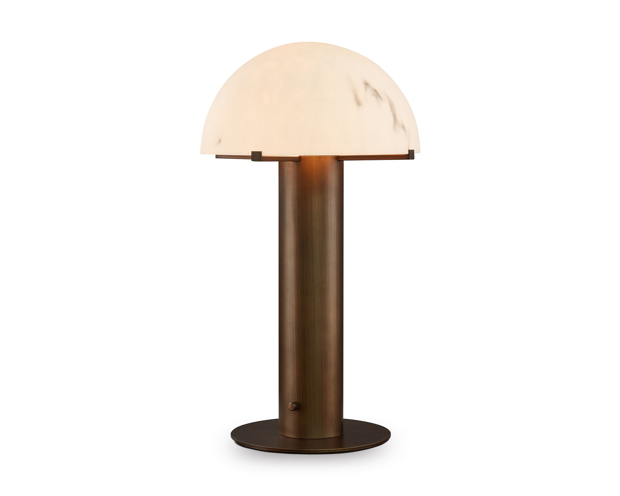 Aston Table Lamp by Liang & Eimil featuring an alabaster-effect dome shade with an antique brass base
