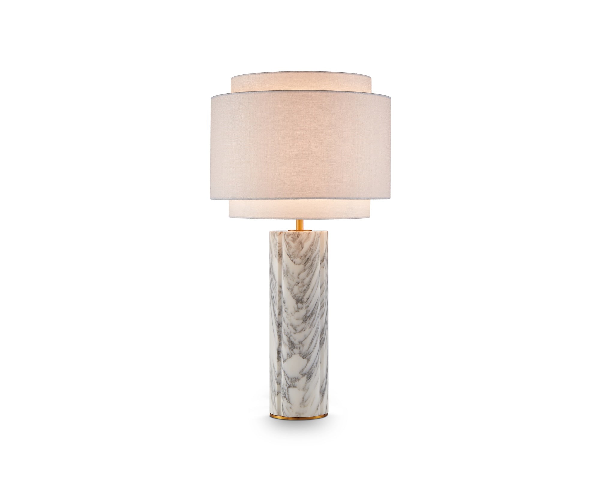 Aulis Table Lamp by Liang & Eimil featuring a cylindrical marble base with antique brass accents and a layered linen shade