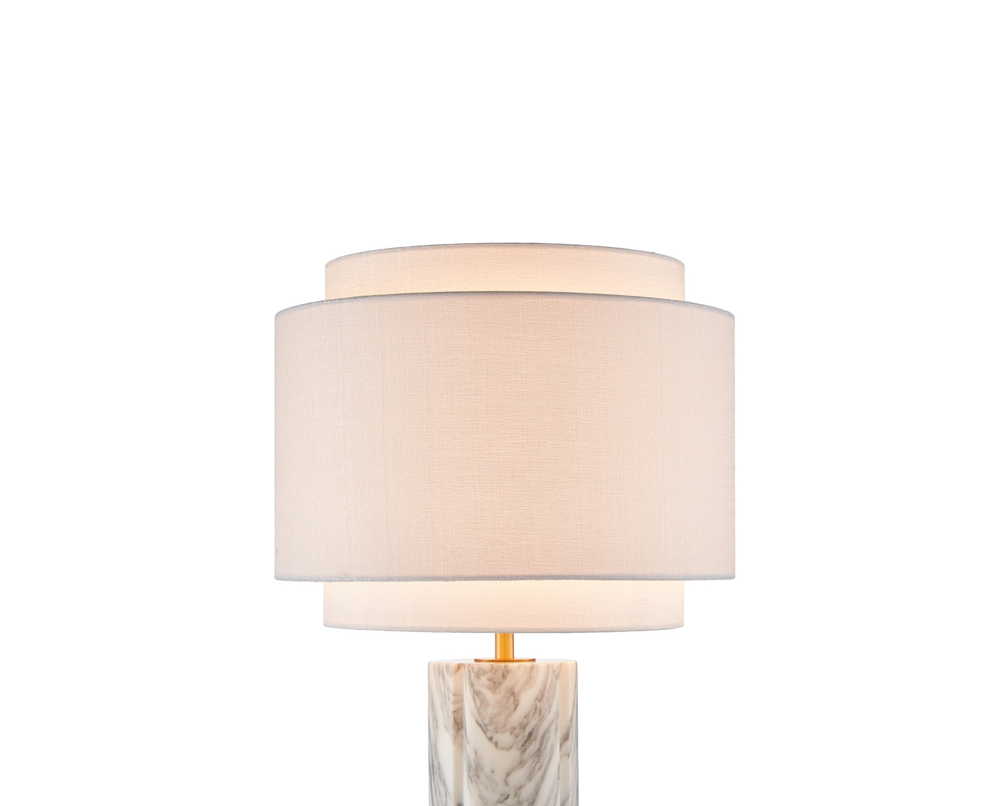 Aulis Table Lamp by Liang & Eimil featuring a cylindrical marble base with antique brass accents and a layered linen shade
