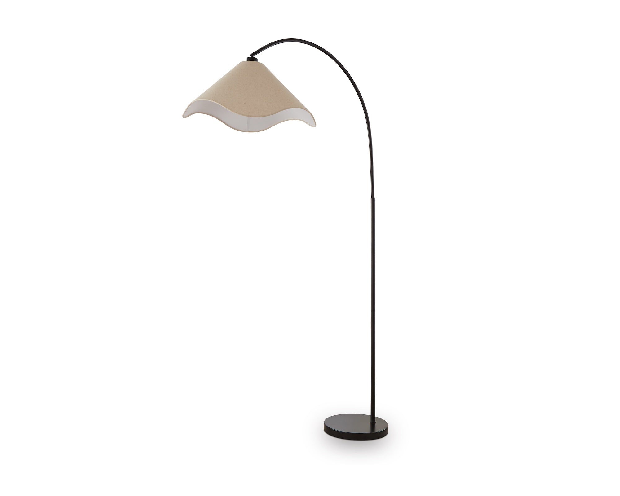 Blossom Floor Lamp by Liang & Eimil featuring an arched matte black frame and beige linen shade