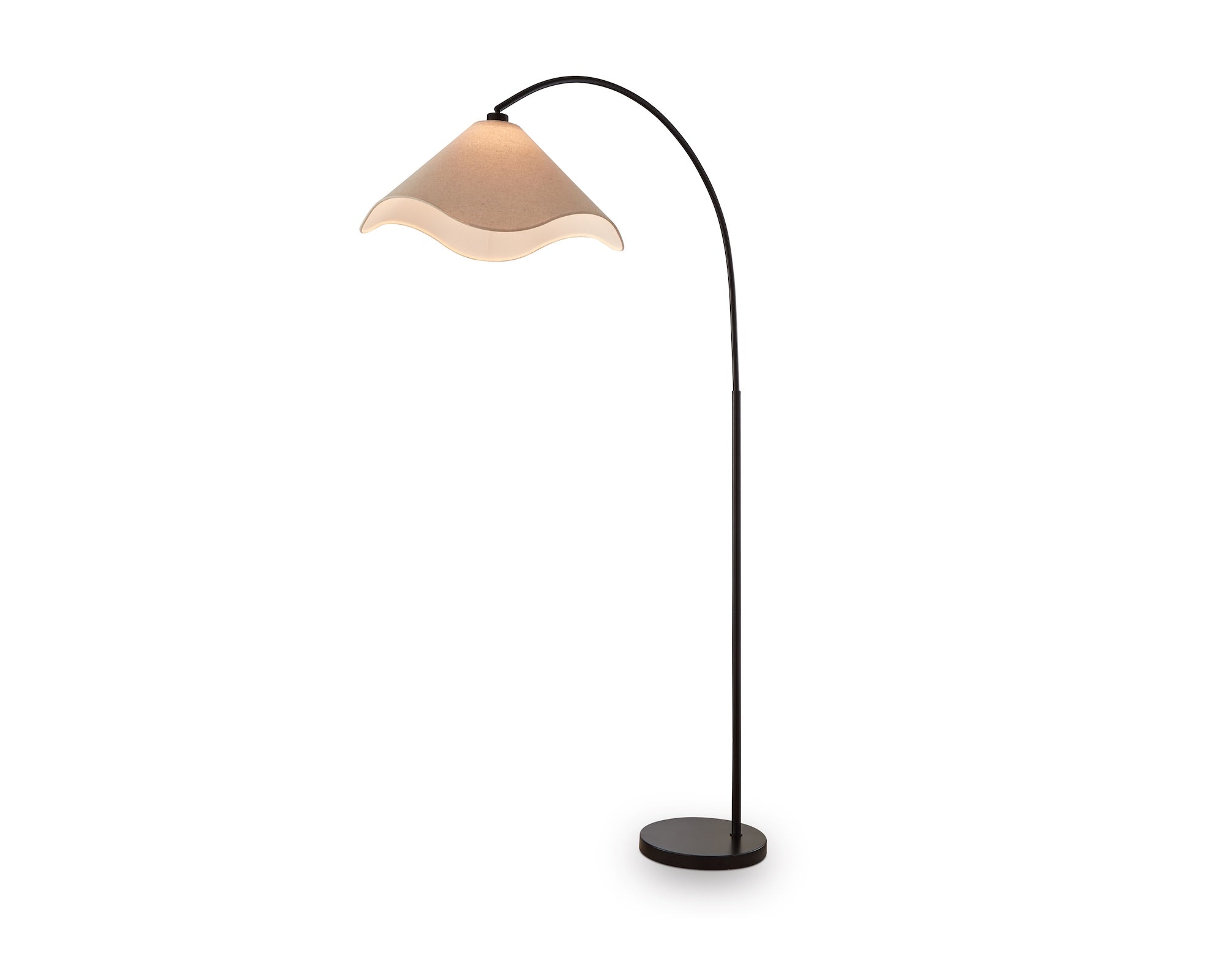 Blossom Floor Lamp by Liang & Eimil featuring an arched matte black frame and beige linen shade