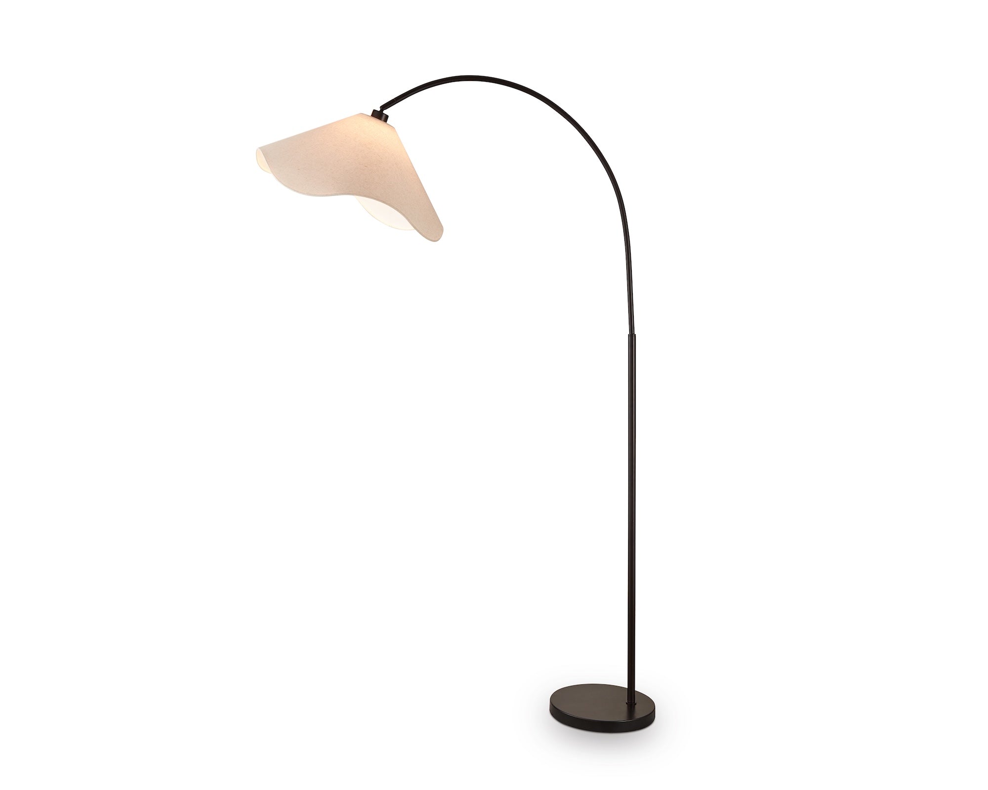 Blossom Floor Lamp by Liang & Eimil featuring an arched matte black frame and beige linen shade