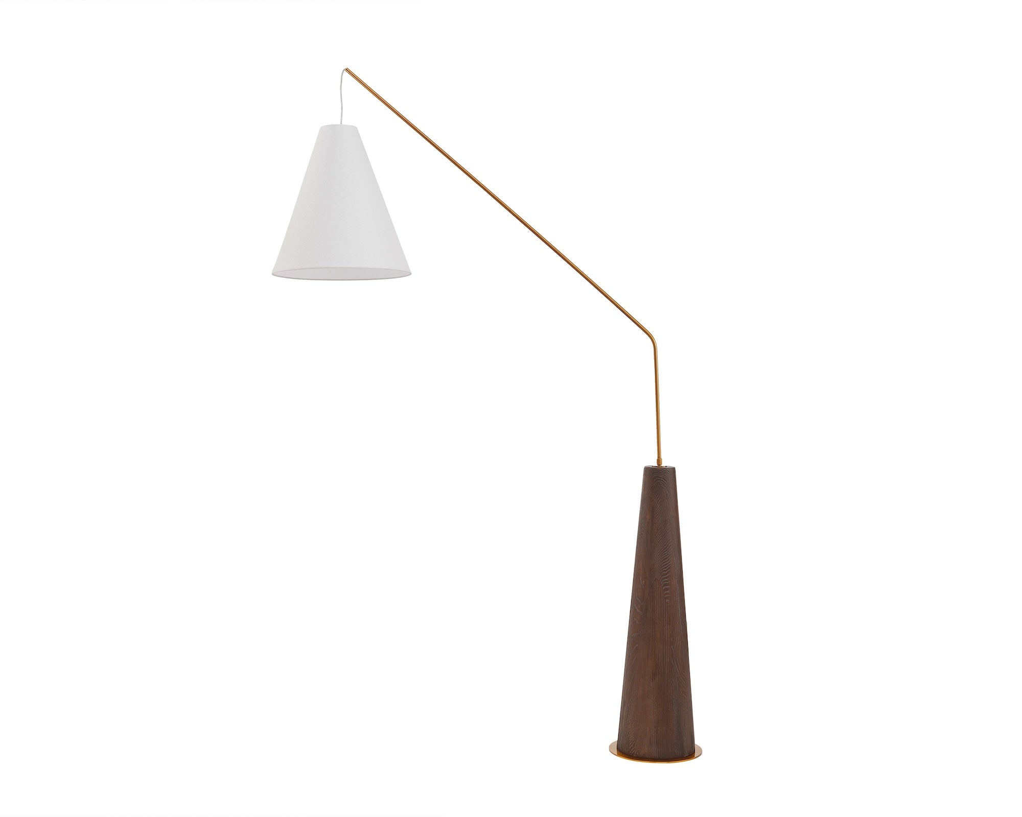 Brandon Floor Lamp by Liang & Eimil featuring brushed dark brown oak veneer, brass accents, and a cream linen shade