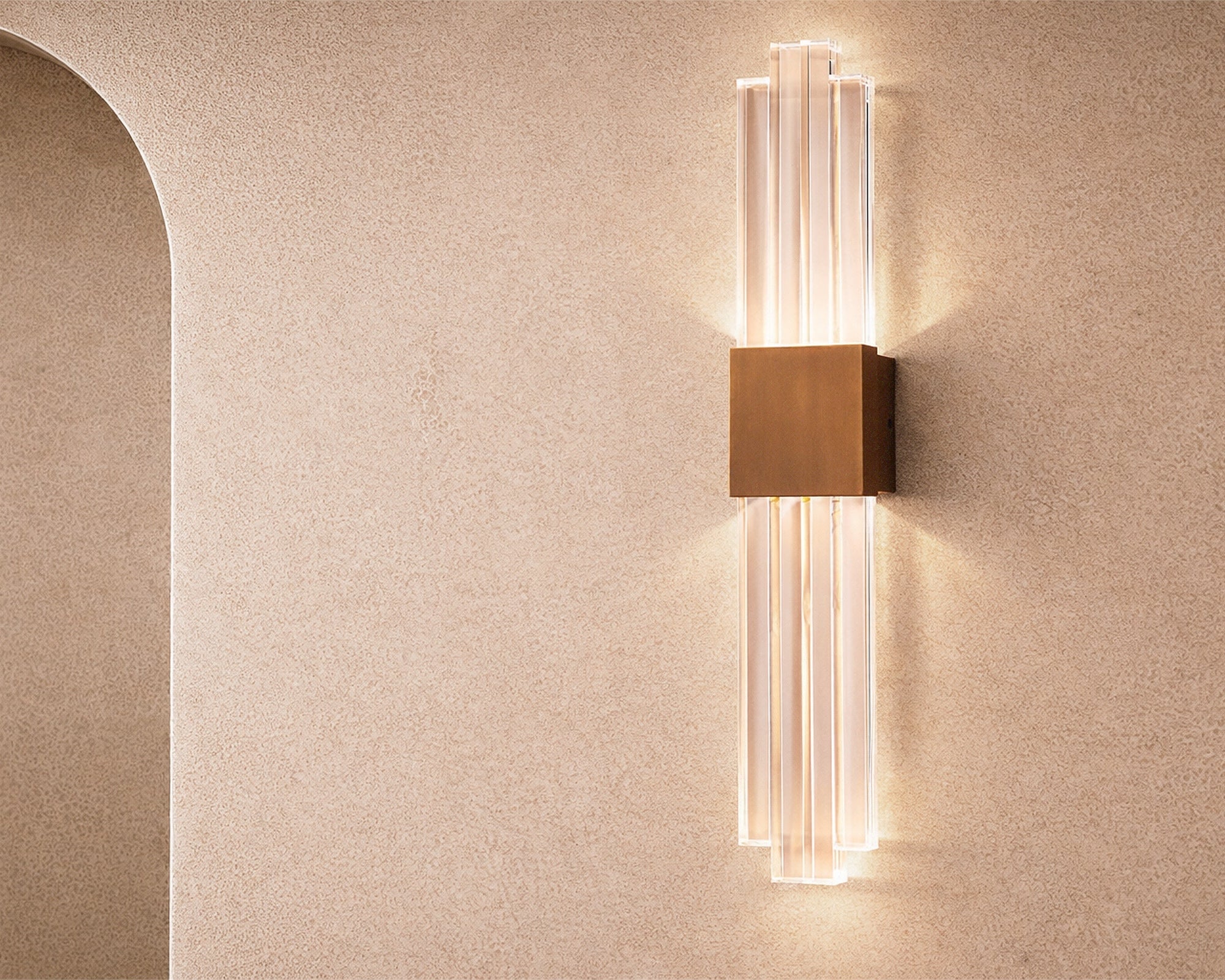 Bravura IP44 Wall Light by Liang & Eimil with transparent acrylic layers and brushed brass finish