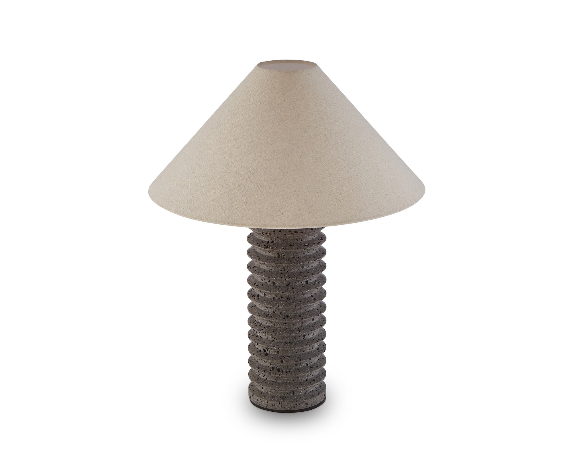 Carson Table Lamp by Liang & Eimil featuring a tiered dark travertine base with antique bronze detailing and a grey linen shade
