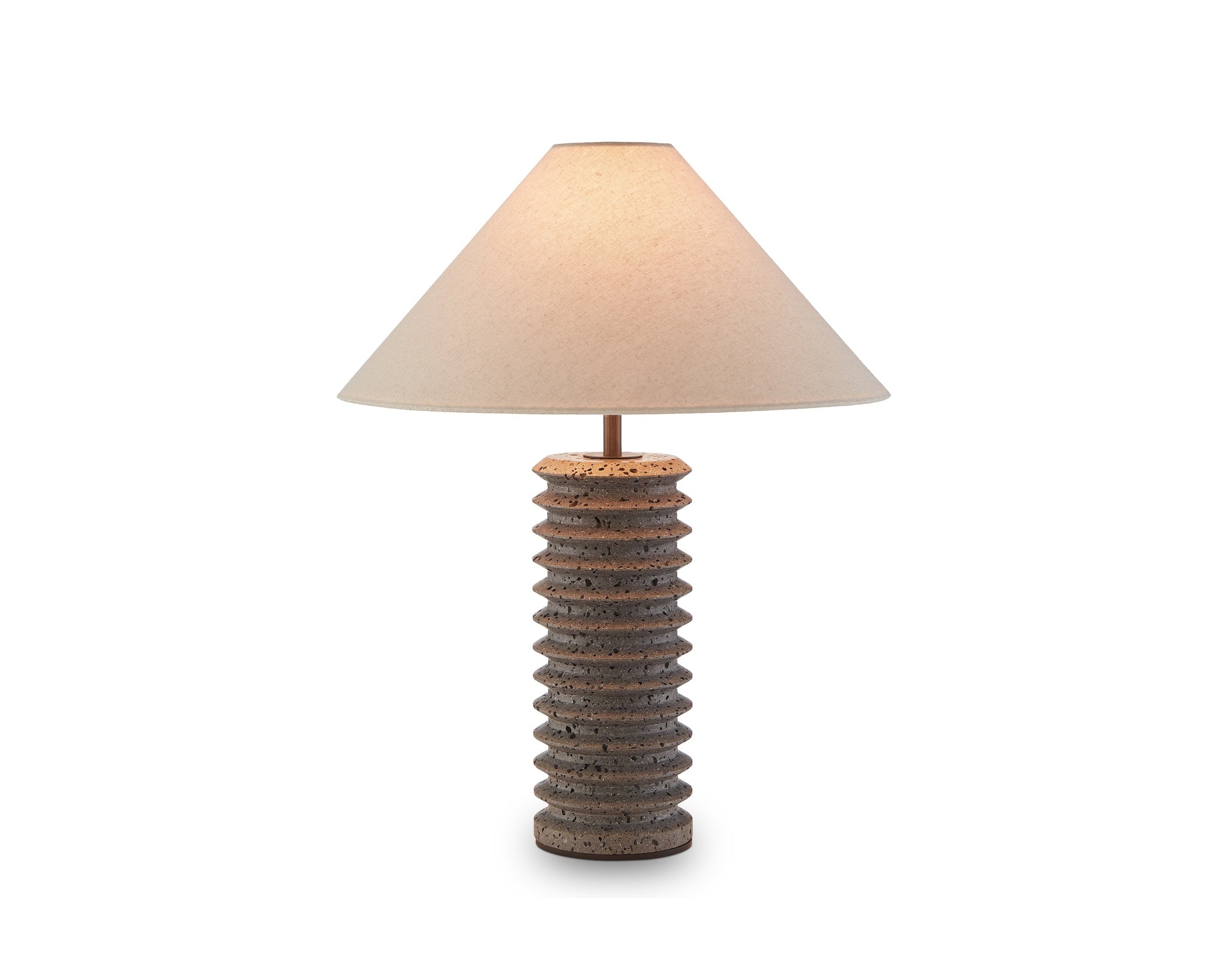 Carson Table Lamp by Liang & Eimil featuring a tiered dark travertine base with antique bronze detailing and a grey linen shade