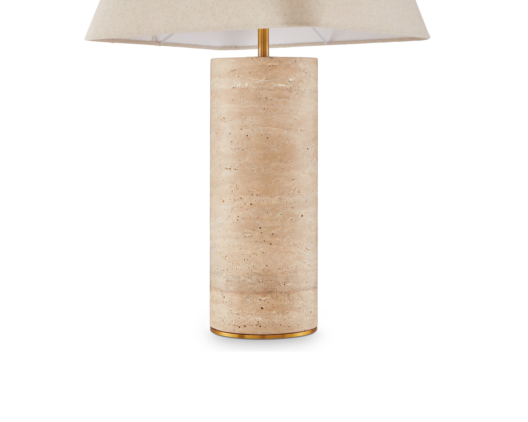 Corina Table Lamp by Liang & Eimil featuring a travertine marble cylindrical base with antique brass detailing and a beige linen shade