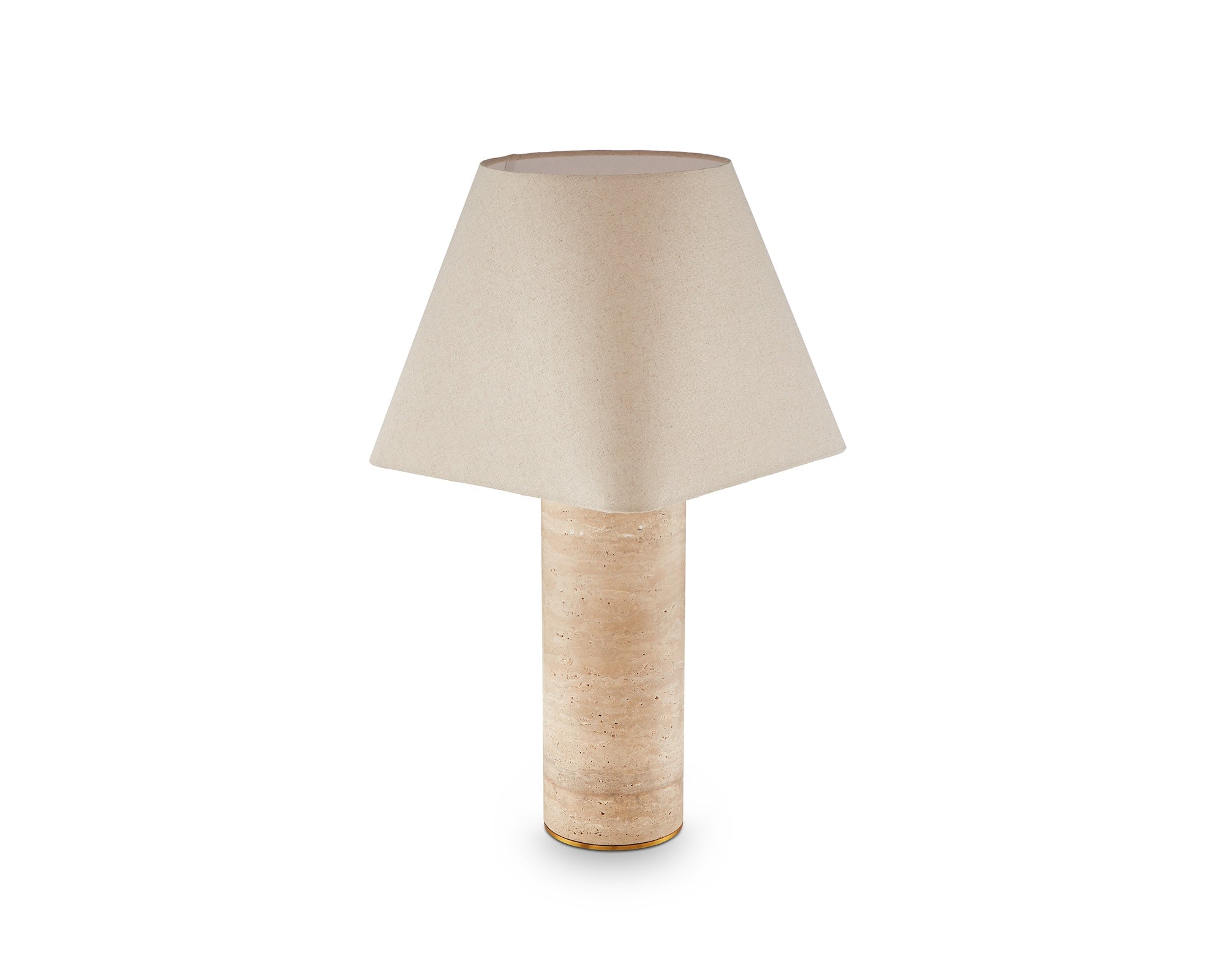 Corina Table Lamp by Liang & Eimil featuring a travertine marble cylindrical base with antique brass detailing and a beige linen shade