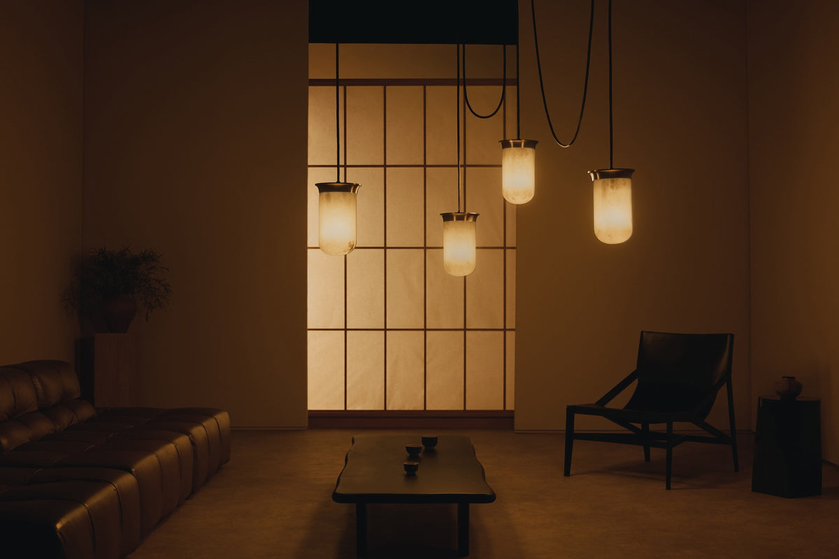 Yukimi Linear Triple Pendants in Antique Bronze with Bronze Mesh Chains